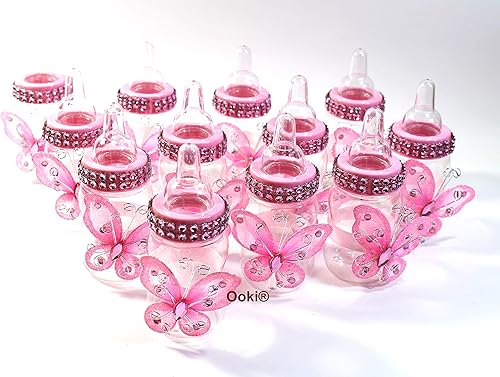 12 biberones rosados con diseño de mariposa para baby shower, dulces, juegos de cumpleaños, regalos para niños y niñas, sorpresa, botellas