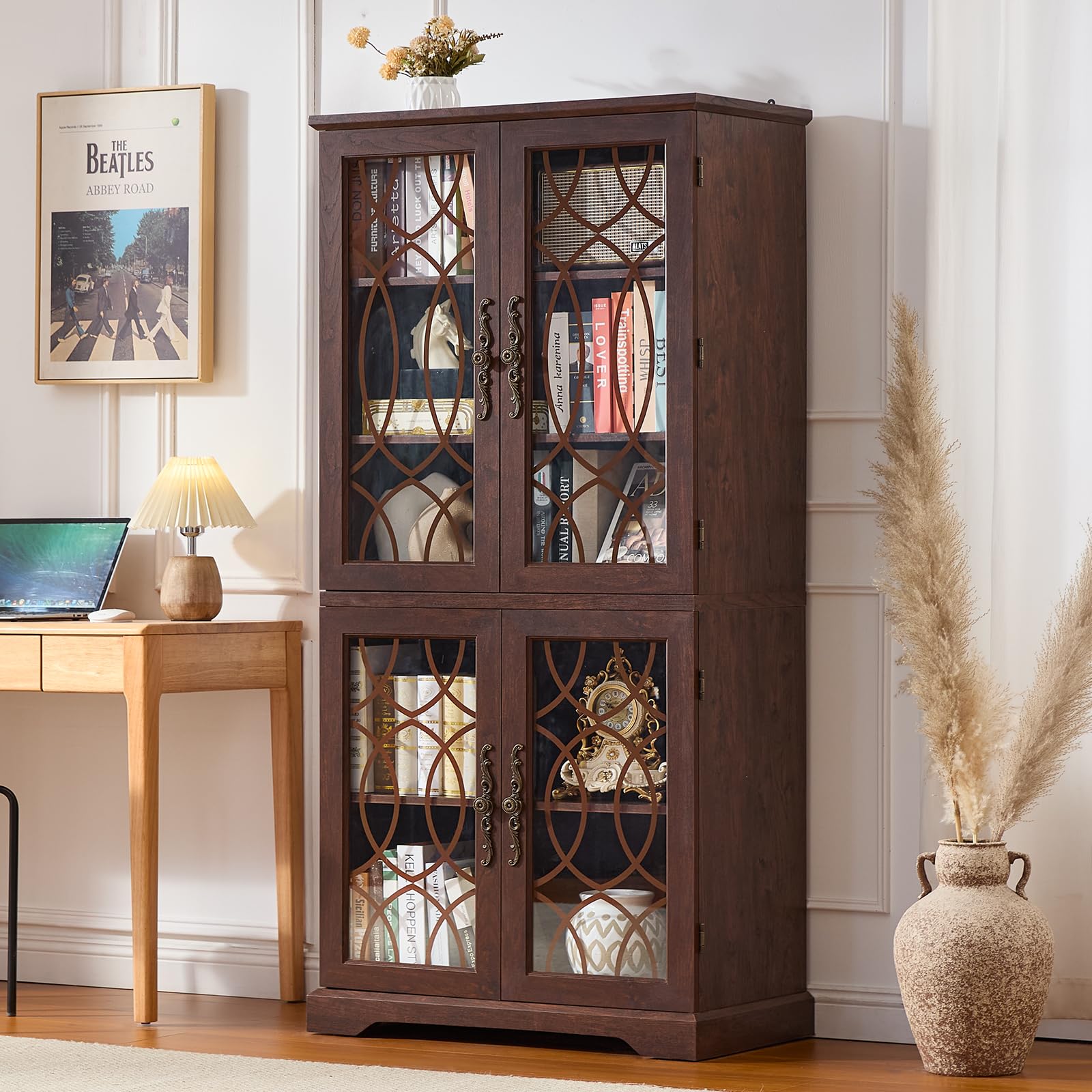 Joaxswe 67' Tall Vintage Bookshelf with Glass Doors, 5-Tier Wood Bookcase with Adjustable Shelves