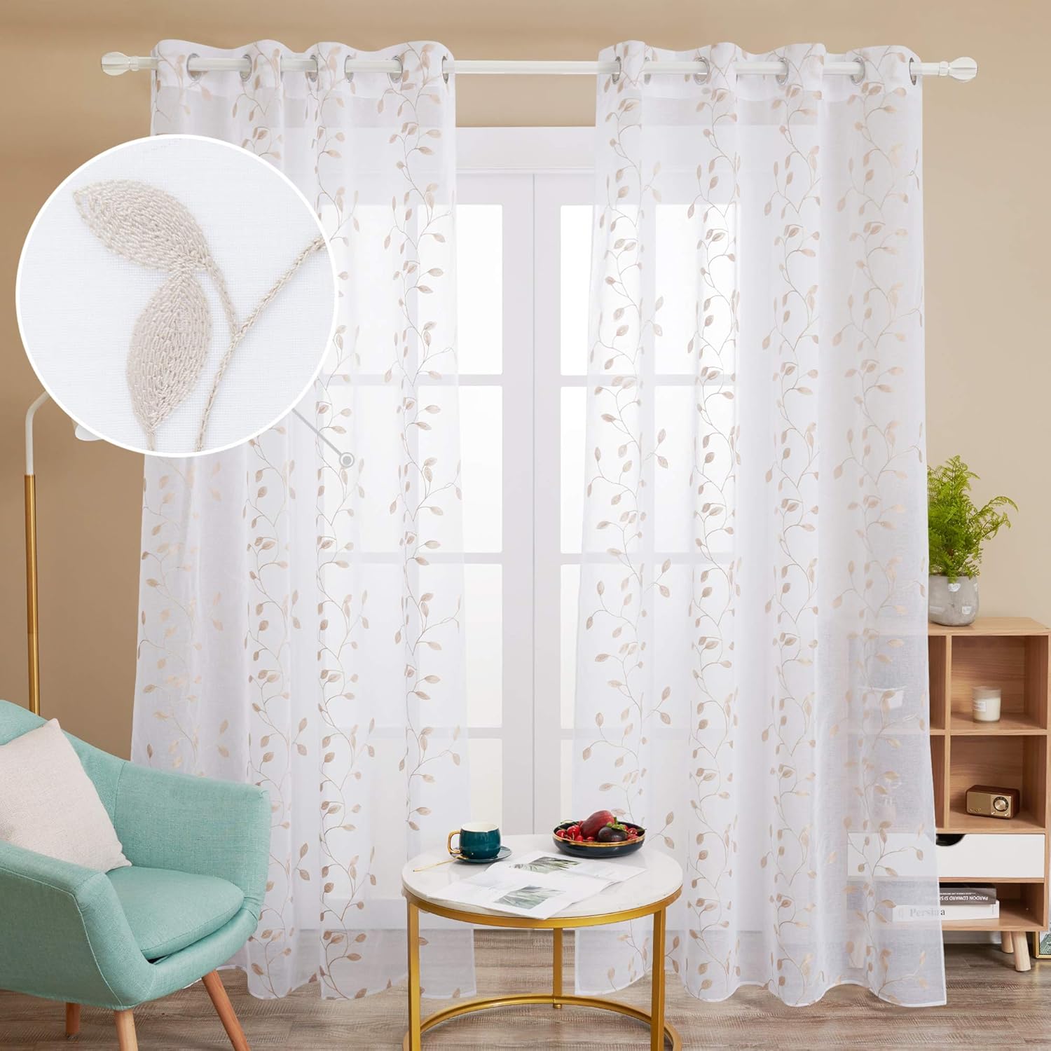 Deconovo Eyelet Faux Linen Net Curtains Embroidery Leaves Voile