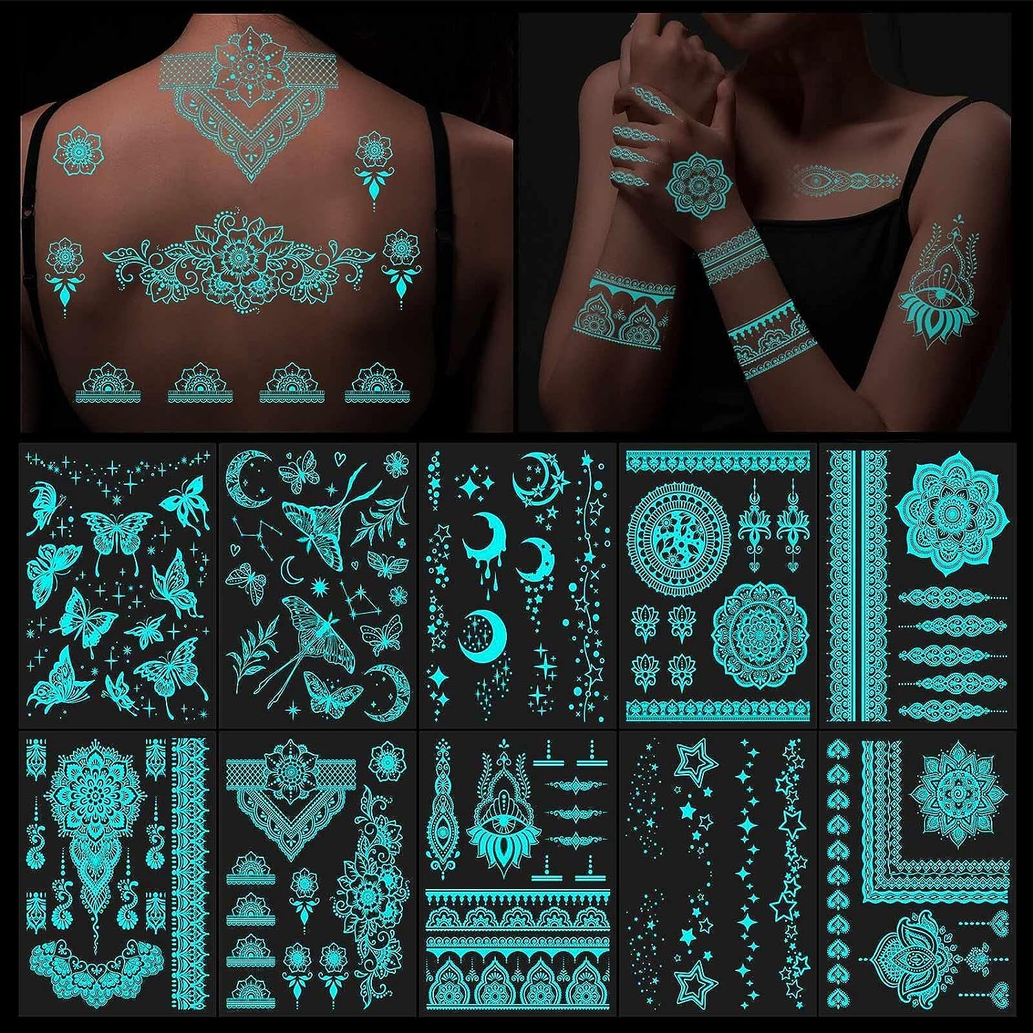 NALACAL Luminous Mandala Flower Temporary Tattoo Stickers, Blue Glow Tattoos Sticker in the Dark for Woman Girls Hand Arm Body Art, 10 Sheets Fake Tattoos Neon Body Face Skin Tattoo