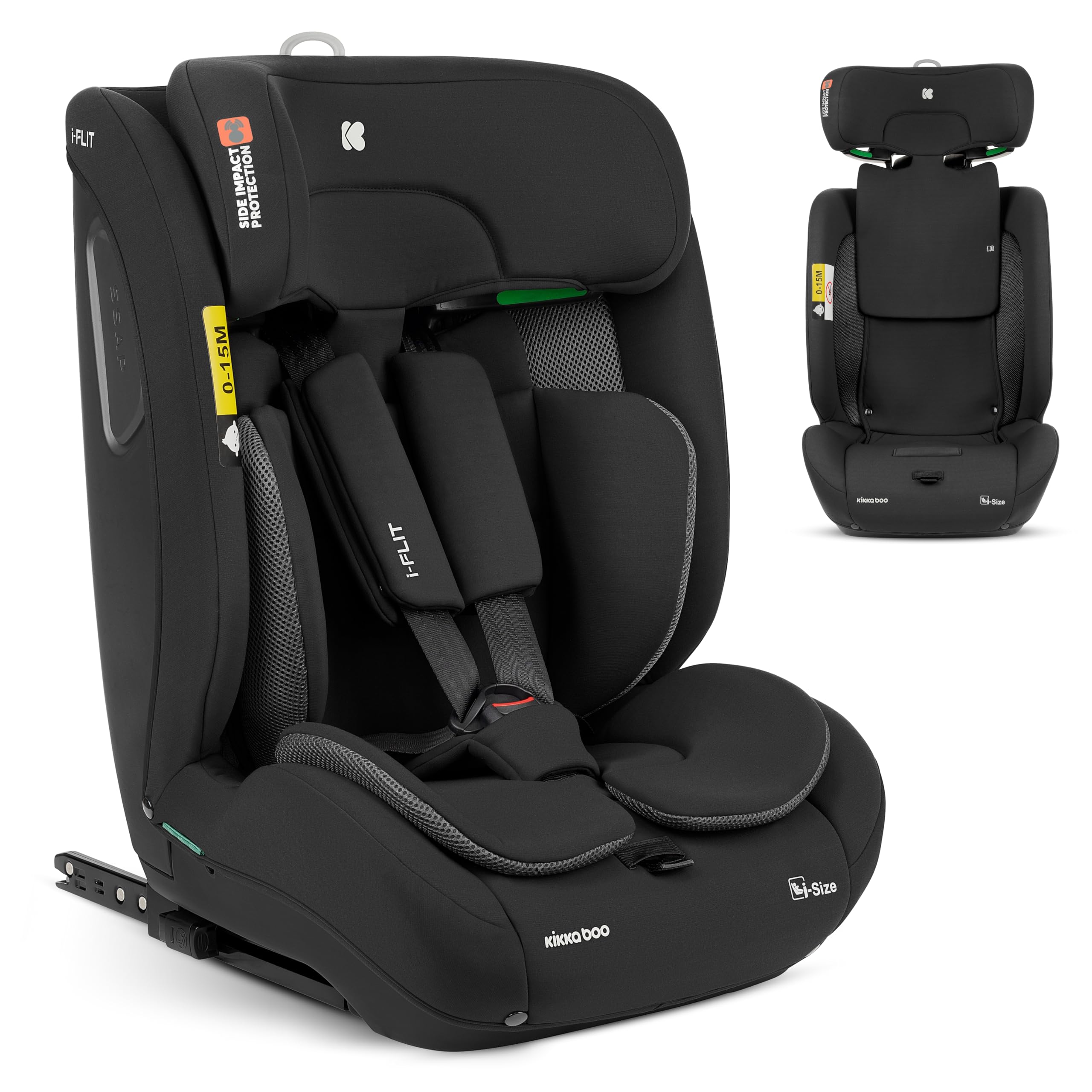 KikkaBoo i-Size i-­FLIT, Kindersitz 9-36 kg ISOFIX, Autokindersitz 76-150 cm, Gruppe 1/2/3, 15 Monate bis 12 Jahre, SPS Seitenschutz, Top Tether, Verstellbare Kopfstütze, Schwarz