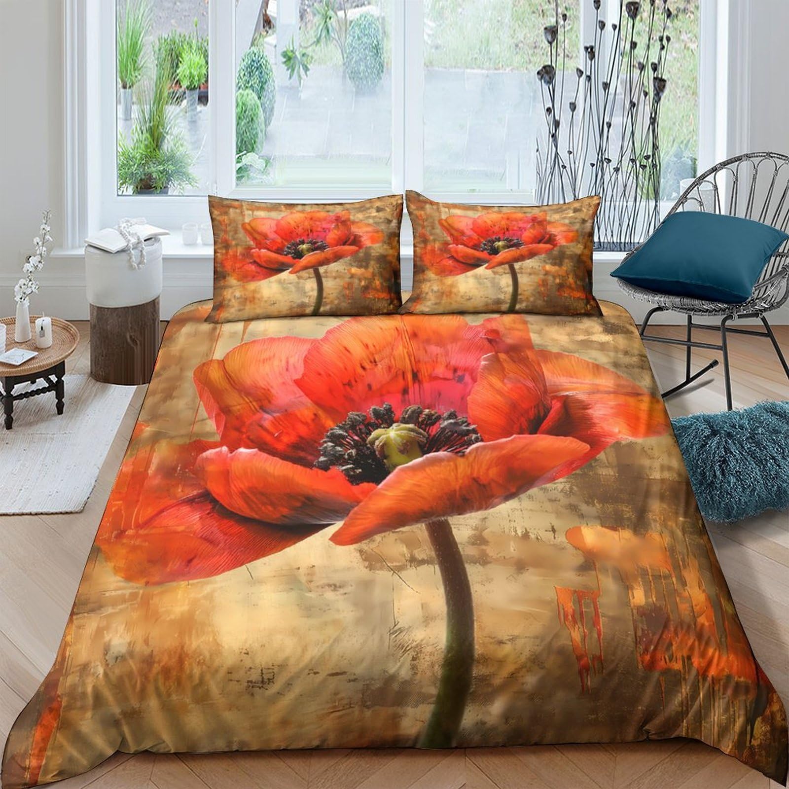 Ctjqhvkz Style-9 3D Printed Red Poppy Fitted Sheet Microfiber Soft Artistic Orange Flower Bed Sheet For Bedroom Guest Room Decor Single（135X200cm）