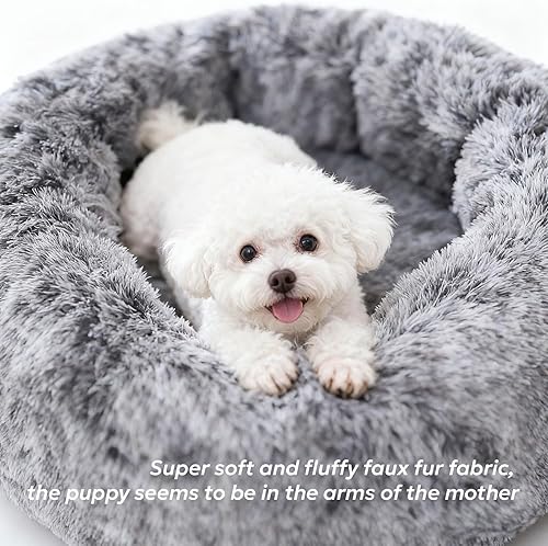 Miniatura 3 de Cama pequeña para mascotas para cachorros, gatos y conejos, cama calmante en forma de dona, lavable y antideslizante, antiansiedad, de felpa