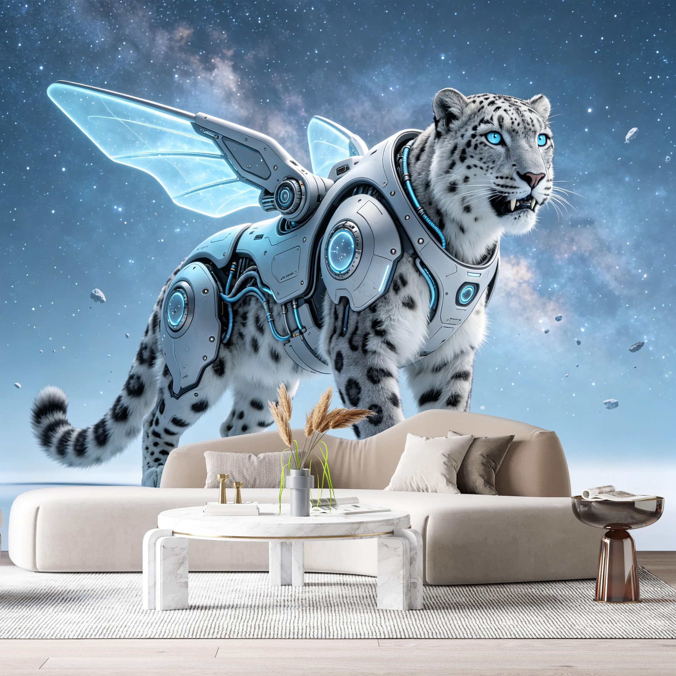 Custom Size Wall Mural Cybernetic Snow Leopard Mech Wings Futuristic SciFi Animal Machine SelfAdhesive Art Prints Removable Large Wallpaper Esports Room Game Room Tenant Room Studio