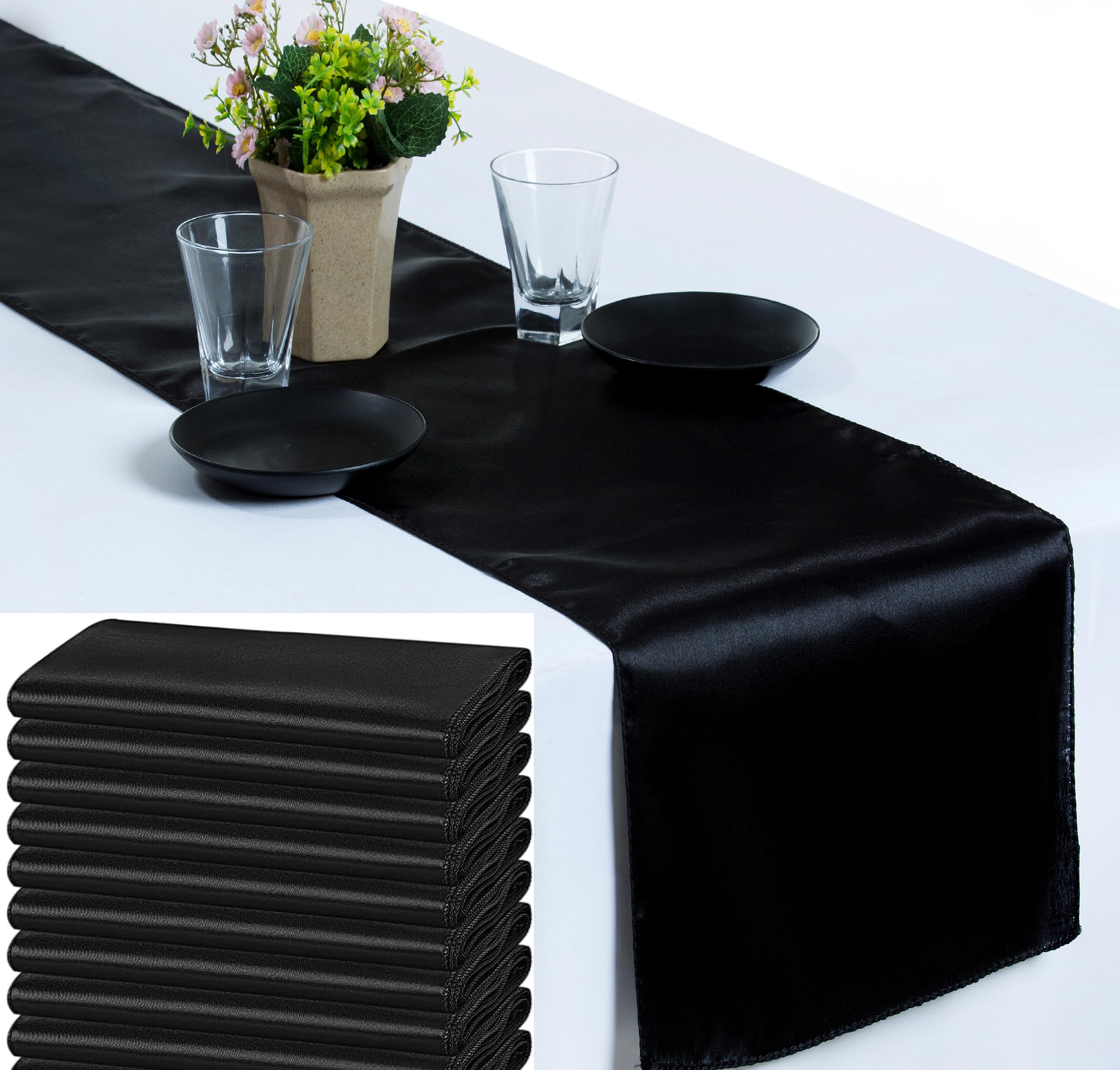 VDS Pack of 15 Satin Table Runners for Wedding & Party Décor 12” x 108”, Smooth Glossy Sateen Fabric Runner, Dining Table Decoration for Reception Banquet & Events Hotel Restaurant - Black