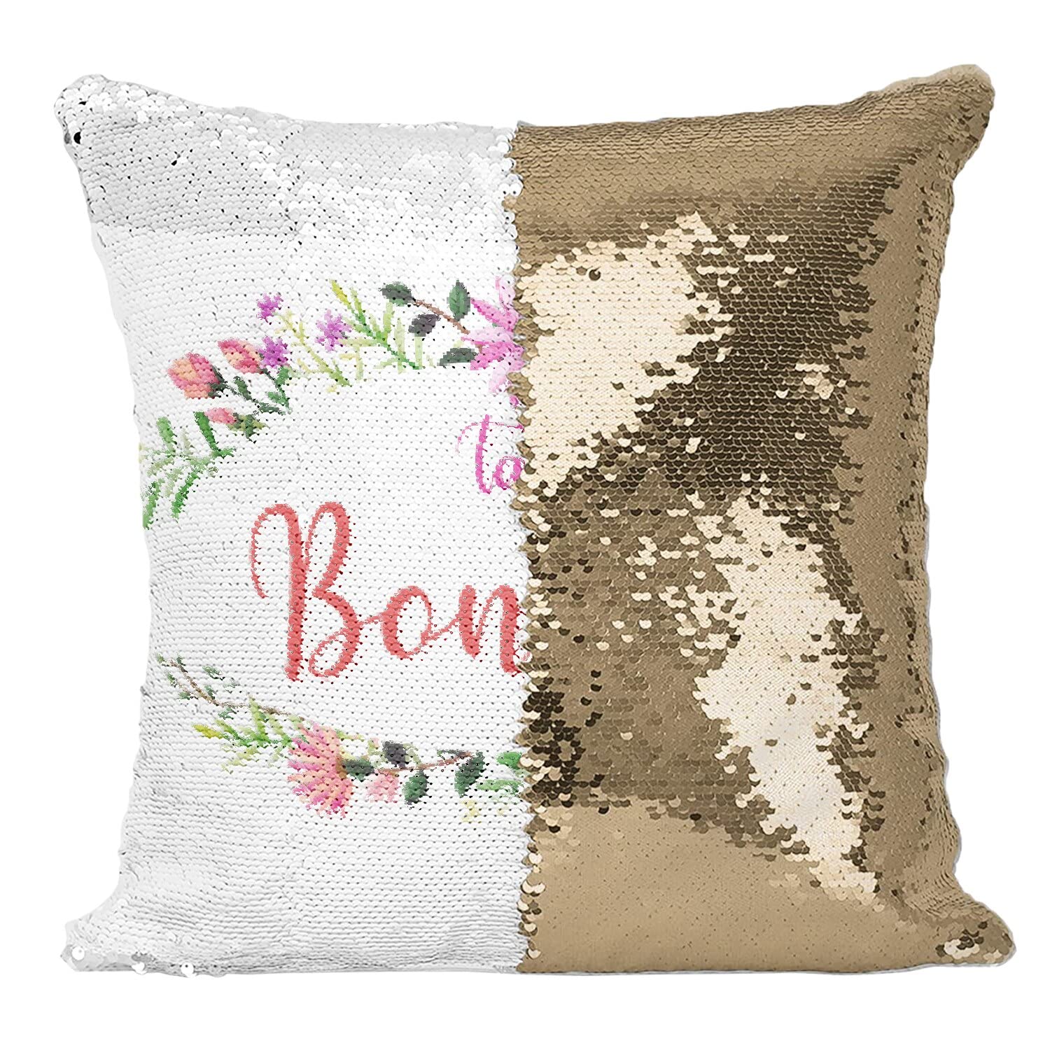 Coussin Sequin Doré Tatie Bonheur avec Housse Paillettes et Motif Frise Florale Elegant
