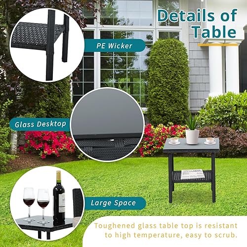 Miniatura 5 de Dopinmin Juego de 3 muebles de patio para porche, sillas de mimbre de ratán PE con mesa, juegos de muebles de jardín al aire libre, mesa auxiliar y