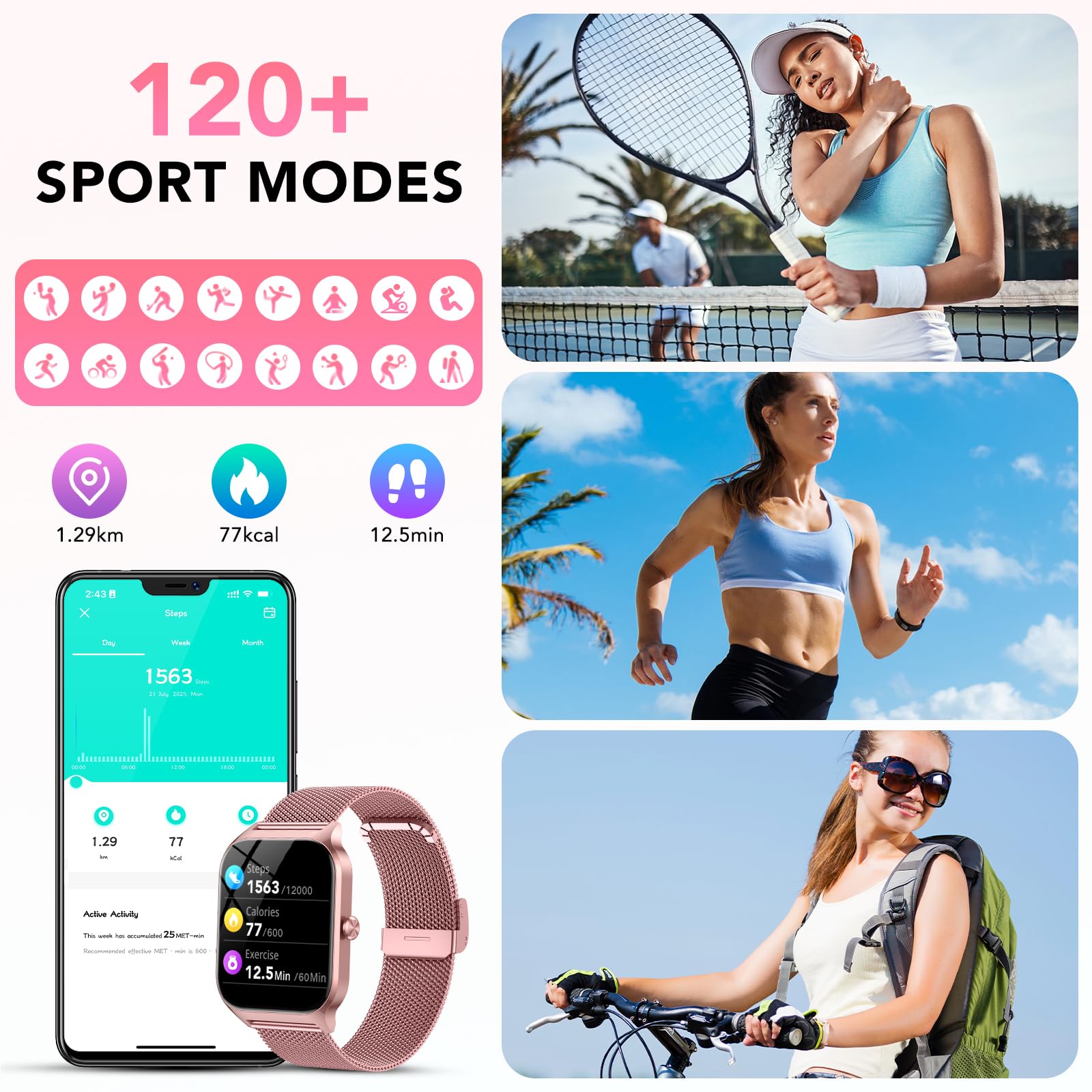 CASCHO Reloj Inteligente Mujer,1.85" HD Smartwatch con Llamadas,120+ Modos Deportes, Monitor Cardiaco y Sueño, Resistente Agua IP68, Whatsapp Llamadas Bluetooth, Regalo Mujer, Android/iOS