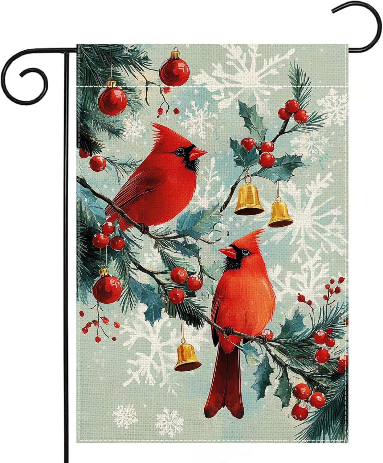 Winter Red Bird Snowflake Garden Flag 12x18 Inch Double Sided Cardinal Xmas Ball Christmas Bell Yard Outdoor Flag House Holiday Outside Decoration