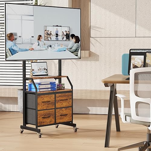 Miniatura 8 de Soporte de TV rodante con soporte y 4 cajones de tela, soporte de TV con ruedas para TV de 32 a 75 pulgadas, centro de entretenimiento y mesa