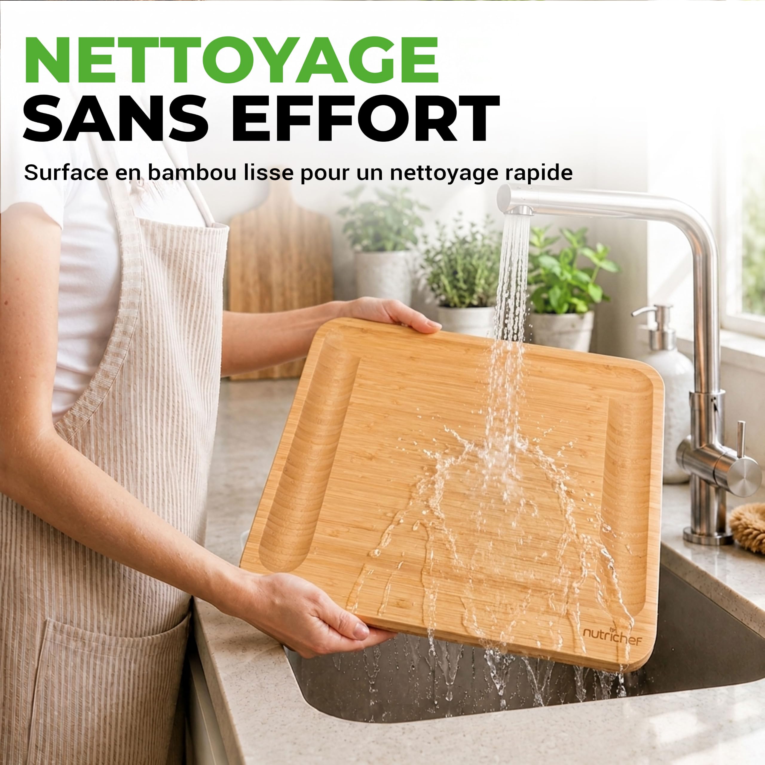 NutriChef Plateau à Fromage Bambou – Planche Apéro XL, 6 Couteaux Inox Bois