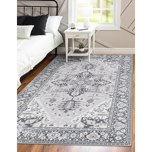 Lahome Boho Machine Washable Rug for Bedroom - 3x5 Area Rug for Living Room Non-Slip Lightweight Throw Office Kitchen Rug, Grey Oriental Print Distressed Indoor Carpet for Bathroom Laundry Dining Room