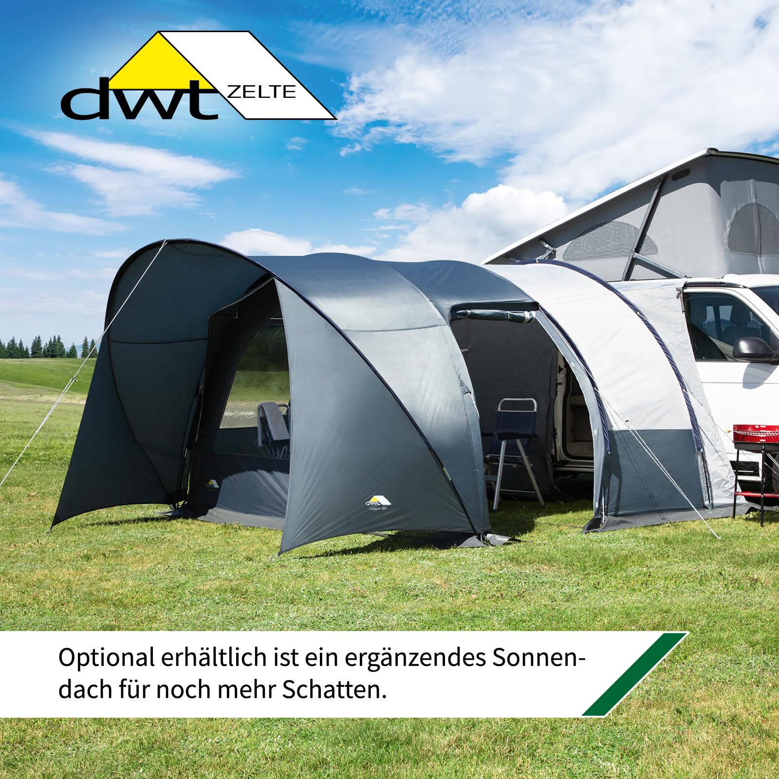 DWT Buszelt Fjord 30, 340 x 240 cm, freistehendes Mobilzelt, ideal für Minivans inkl. Abspannmaterial, Schleusenstab und Tragetasche
