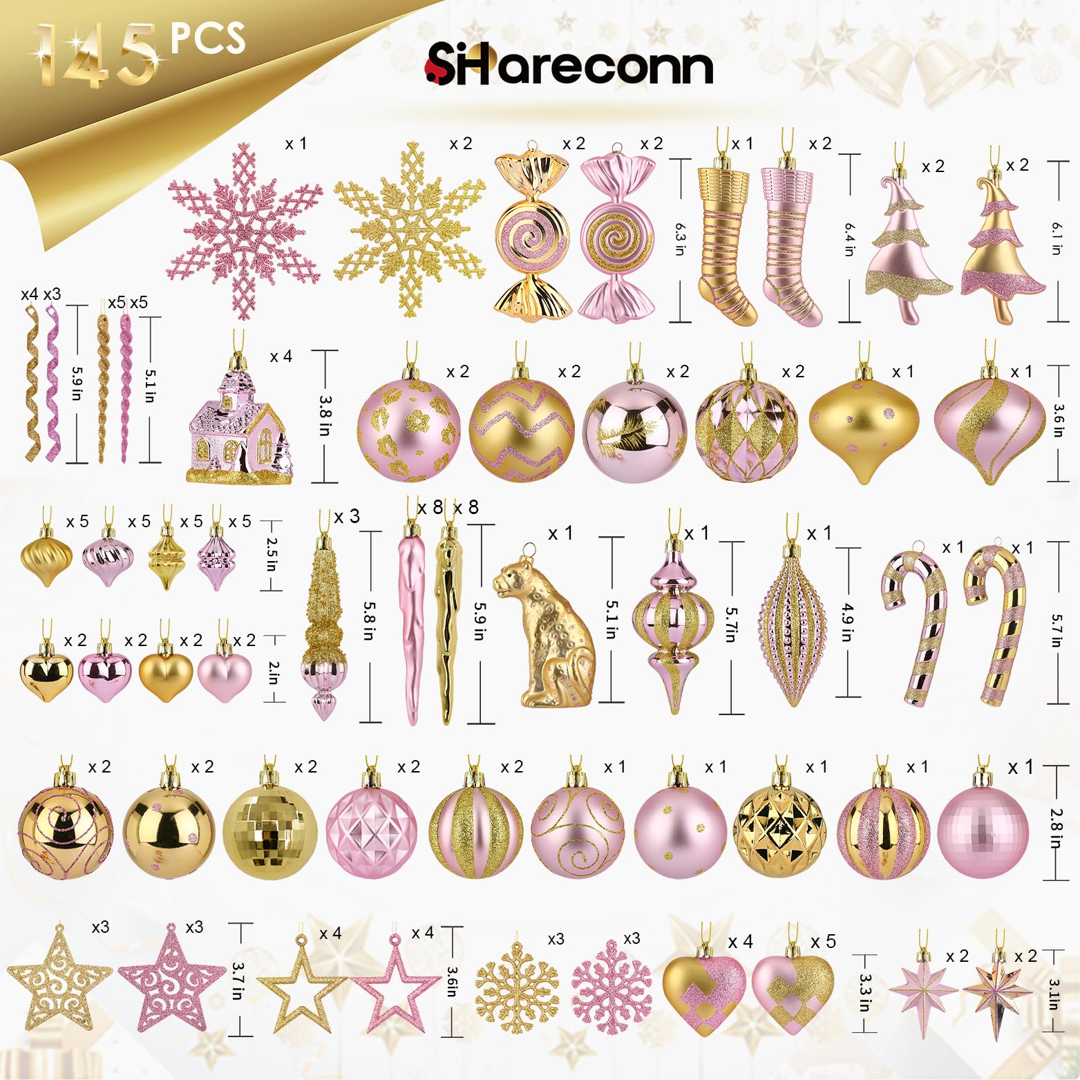 SHareconn Lot de 145 boules de Noël en plastique incassable – Flocons de neige, étoiles et cimier de sapin – Décorations de fête de mariage avec cordes à suspendre – Doré et rose