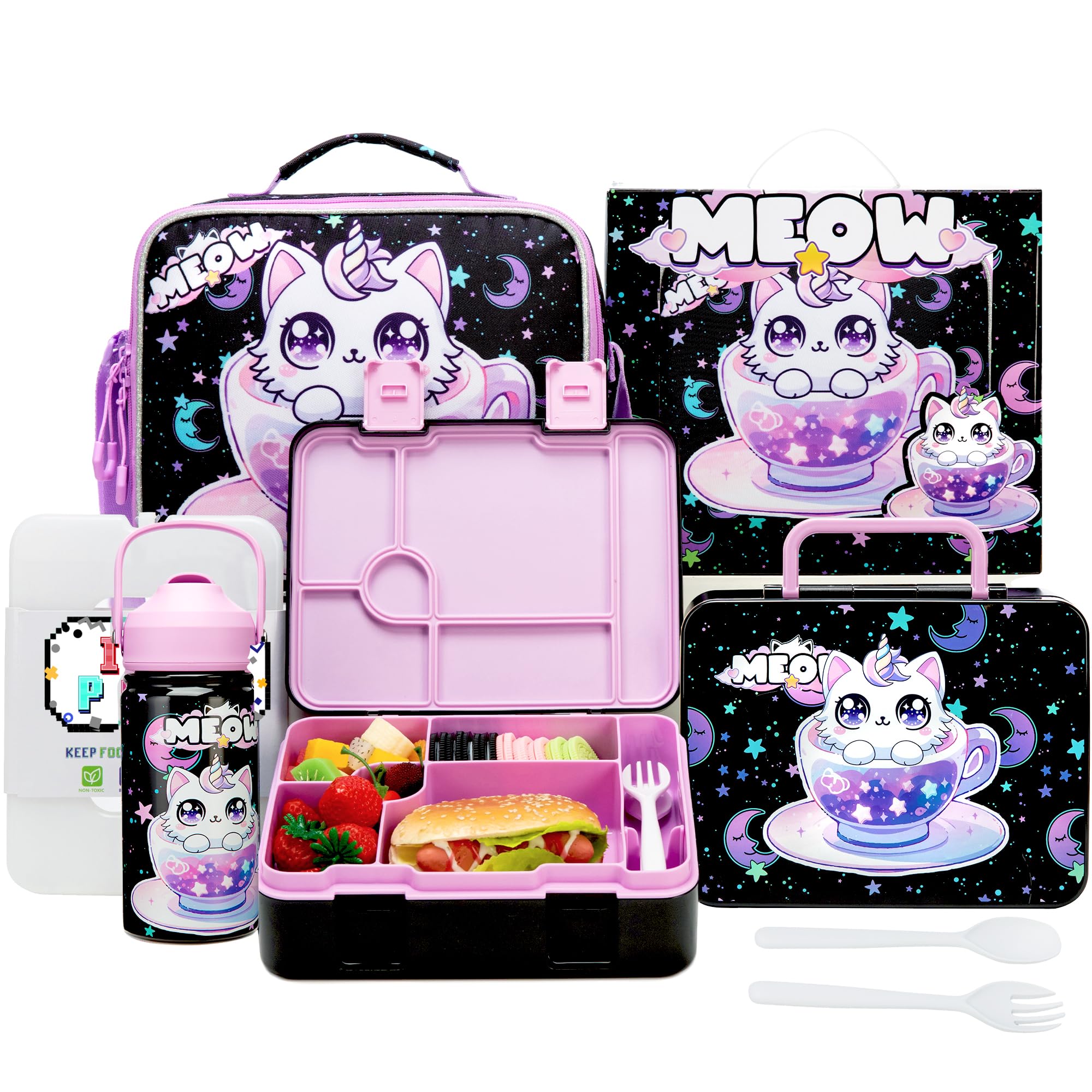 Lonchera para niñas, caja Bento para niños con bolsa de almuerzo, botella de agua de acero inoxidable, juego de bolsa de hielo, regalos de cumpleaños para edades de 3 a 12 años de vuelta a la