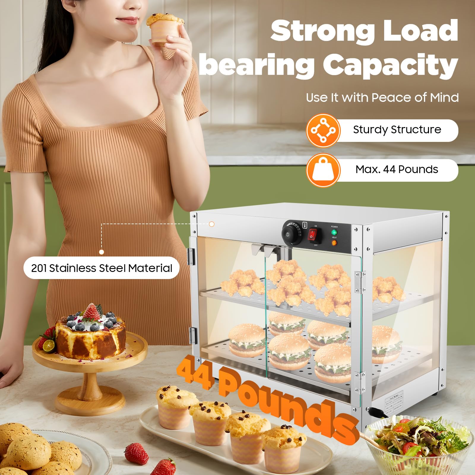 Vetrina calda, scaldavivande elettrica in acciaio inox 201, 2 ripiani da 800 W, portata di calore 30 ~ 85 °C, ripiano 50 x 30 cm, distanza tra i livelli 14 cm