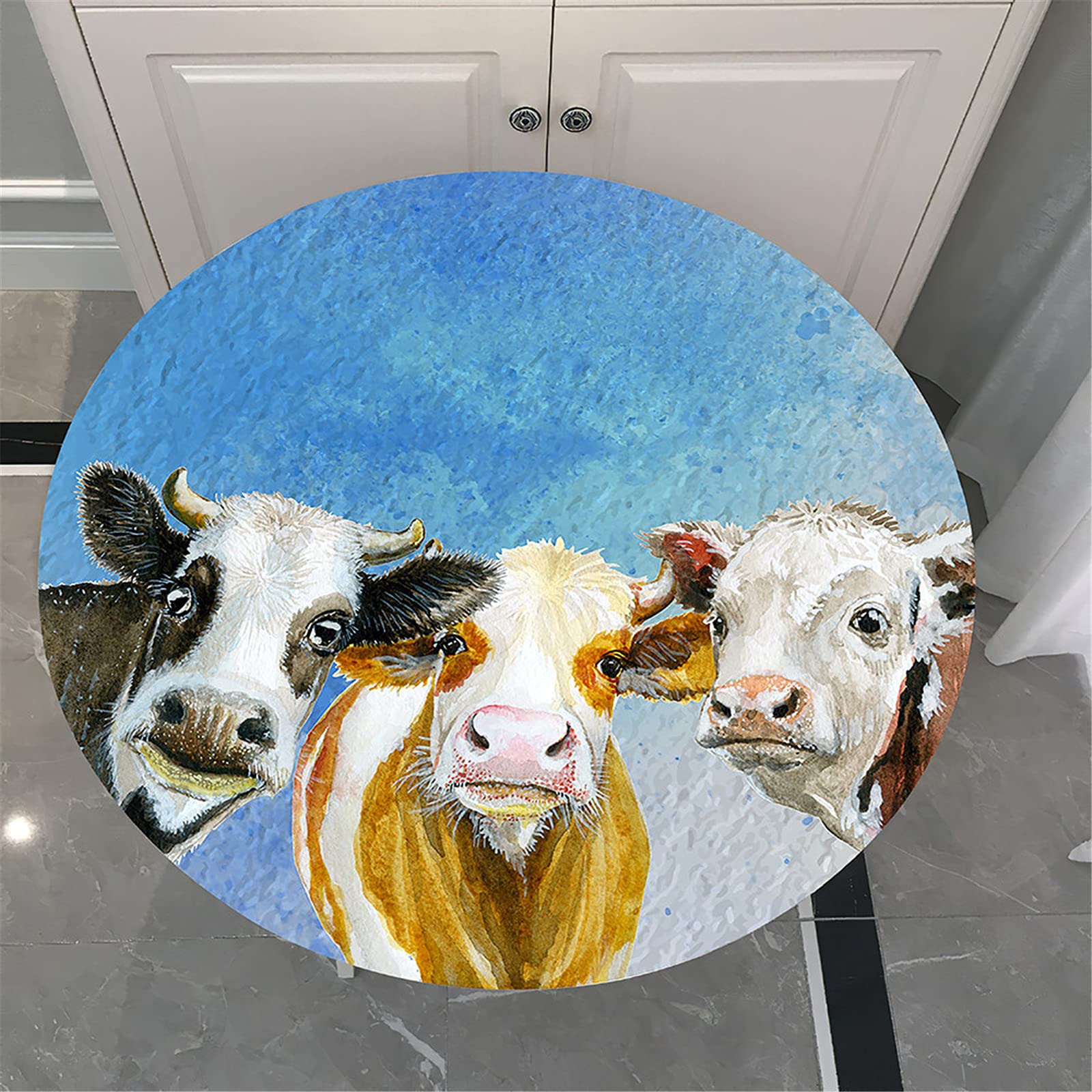 Morbuy Elastische rand rond tafelkleed, 3D koeien Print tafelkleed waterdicht vlekbestendig tafelkleed afvegen tafelkleed voor keuken dinning home party (drie koeien, diameter 120cm
