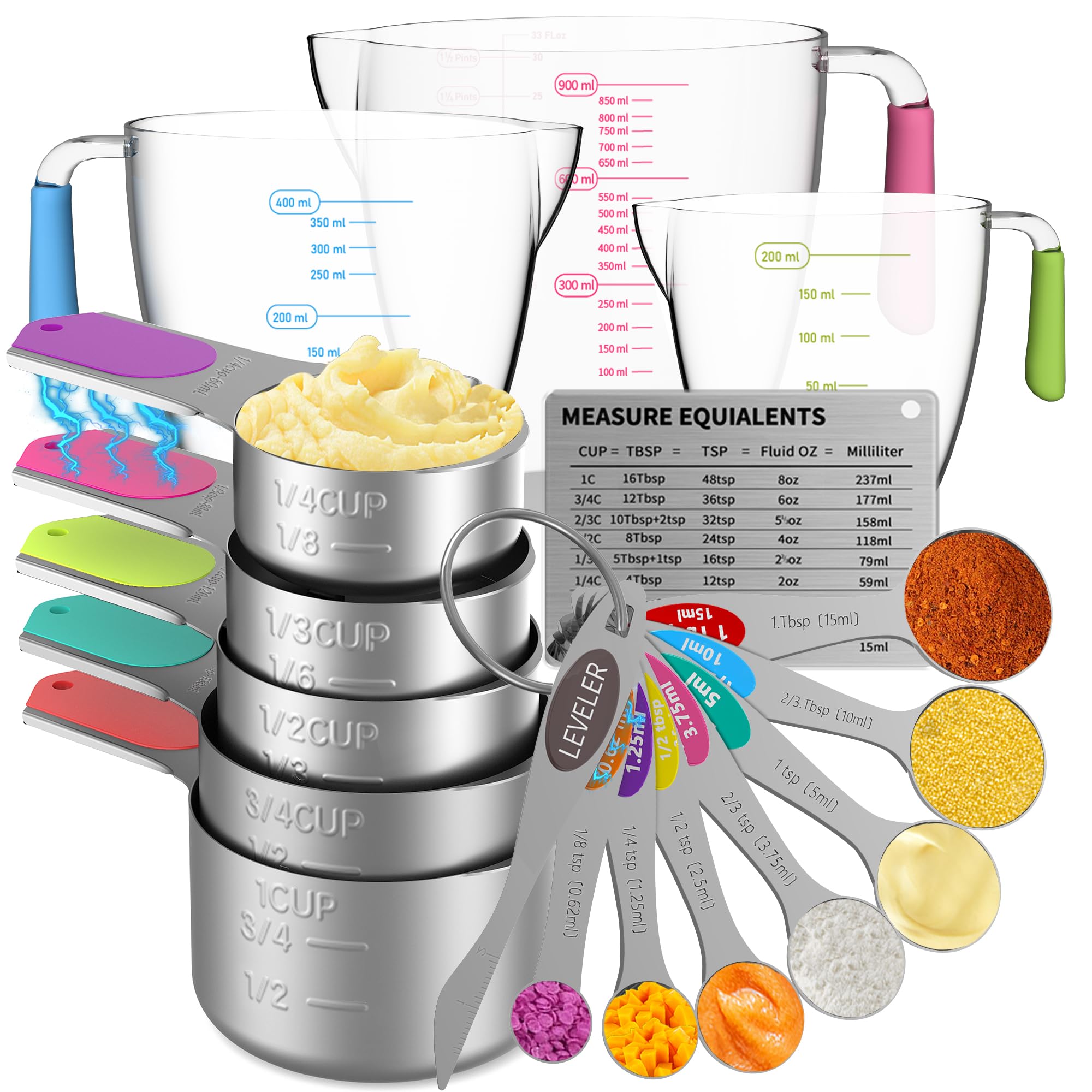 Magnetisches Messbecher- und Löffel-Set, 5 Edelstahl-Messbecher, 7 magnetische Messlöffel & 1 Nivellierer, 3 Kunststoff-Messbecher mit 1 Messumrechnungstabelle
