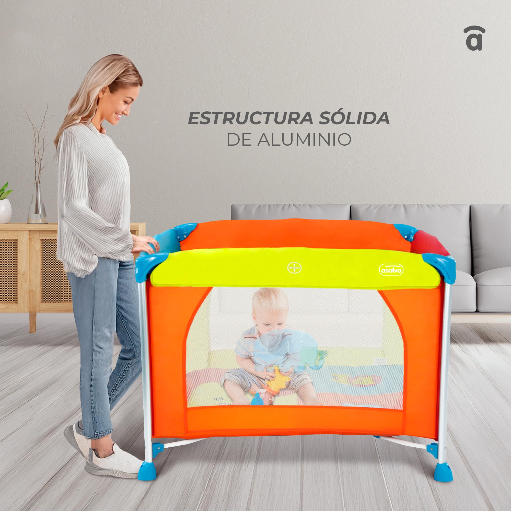 Parque Infantil ALUMINIUM 96x96 cm - Plegable, con Suelo Acolchado, Patas de Aluminio, Malla Transpirable y Bolsa de Transporte, Centro de Juegos Seguro para Bebés - Jungla de Colores Asalvo