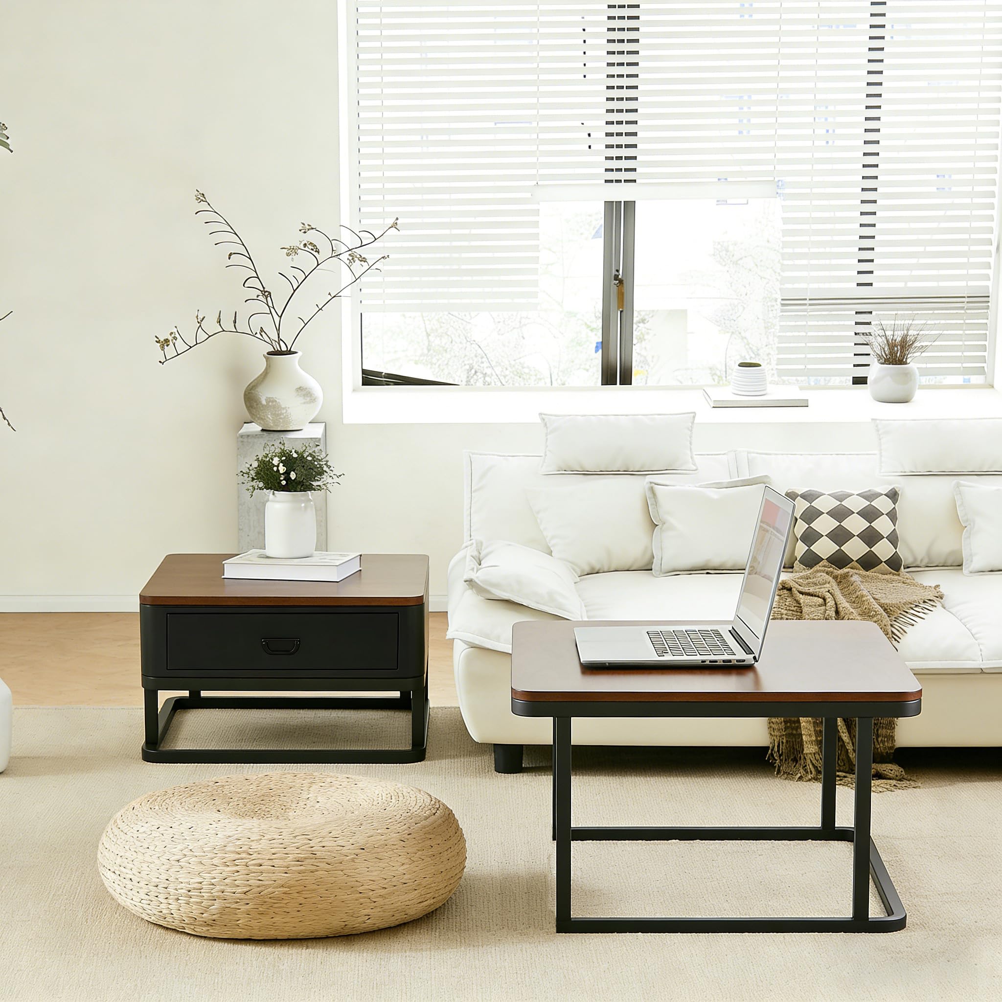 Générique Lot de 2 Tables Basses, Moderne Table Basse Salon Extensible, Noyer Coffee Table with Storage, Metal Frame, pour Salon, Chambre à Coucher, Noyer