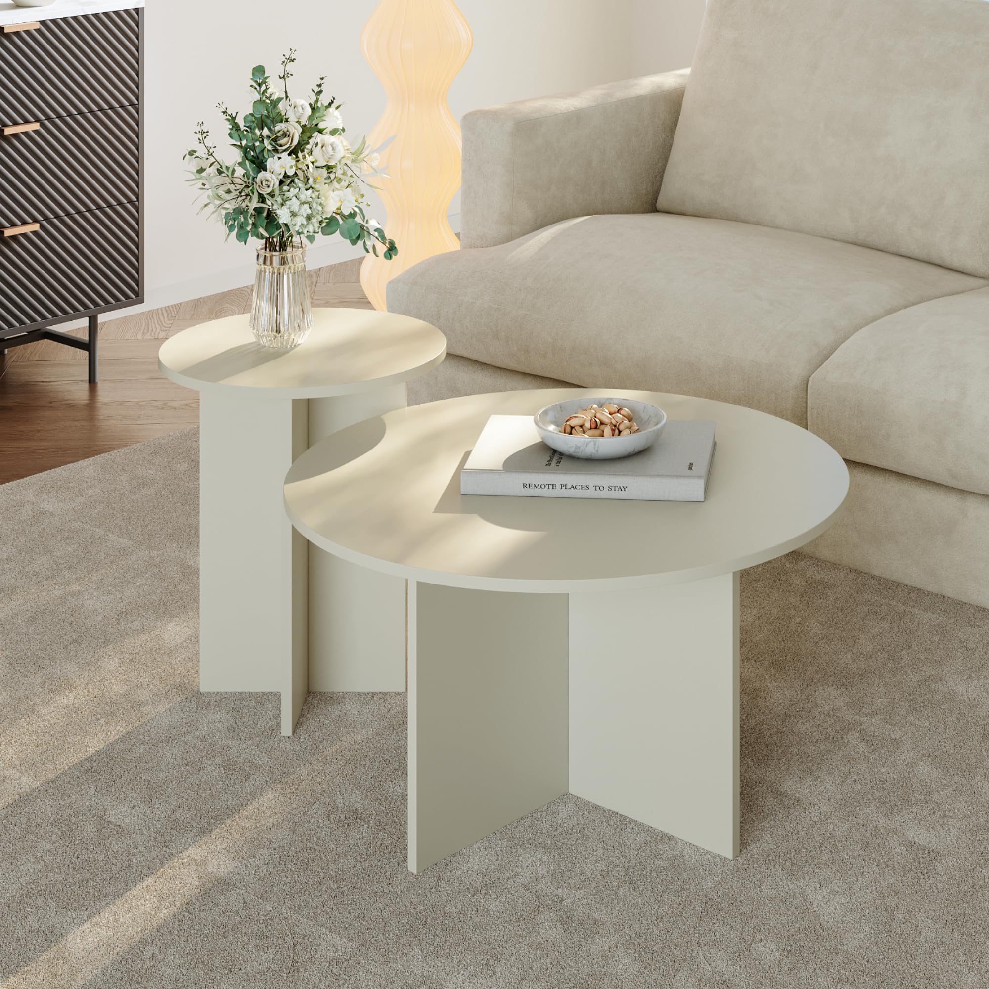 [en.casa] Lot de 2 Tables Basses Gigognes de Tailles Différentes Ensemble de 2 Tables d'Appoint pour Salon Chambre Bureau Panneau de Particules Mélaminé Sable