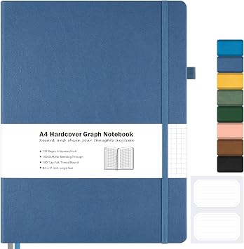 Graph Paper Notebook, Hardcover Notebook 8.5" x 11", No Bleed Thick Paper | Grid Notebook Journal, Lay Flat, Large Leather Journal for Women Men, A4 Notebooks for Work School Supplies Engineering, Blue