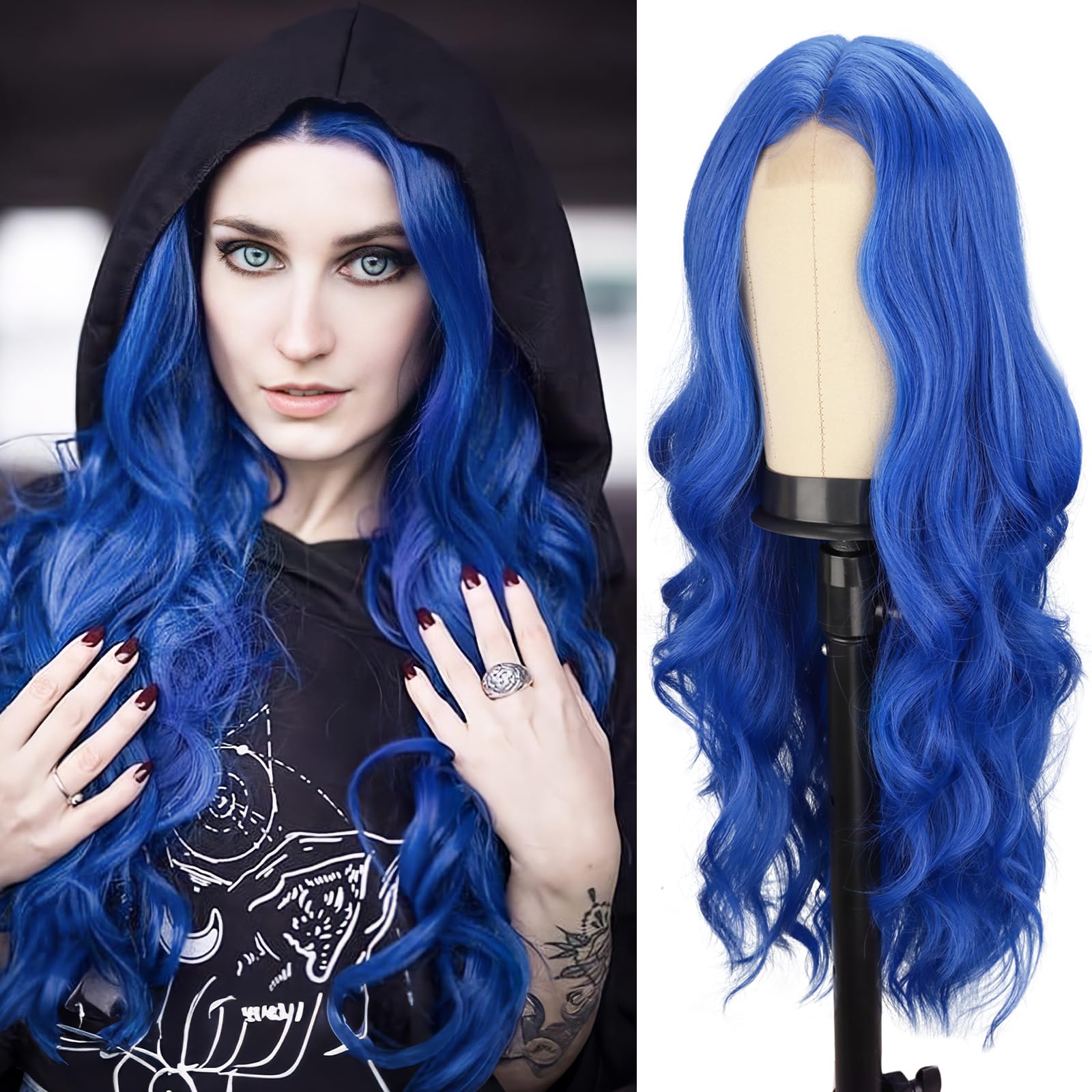 WERD Long Dark Blue Wavy Wig for Women Middle Part Synthetic for Cosplay | Heat Resistant Fiber,26 inch,Natural Look,Lightweight Comfort,Adjustable Cap,Ideal for Halloween Daily Use