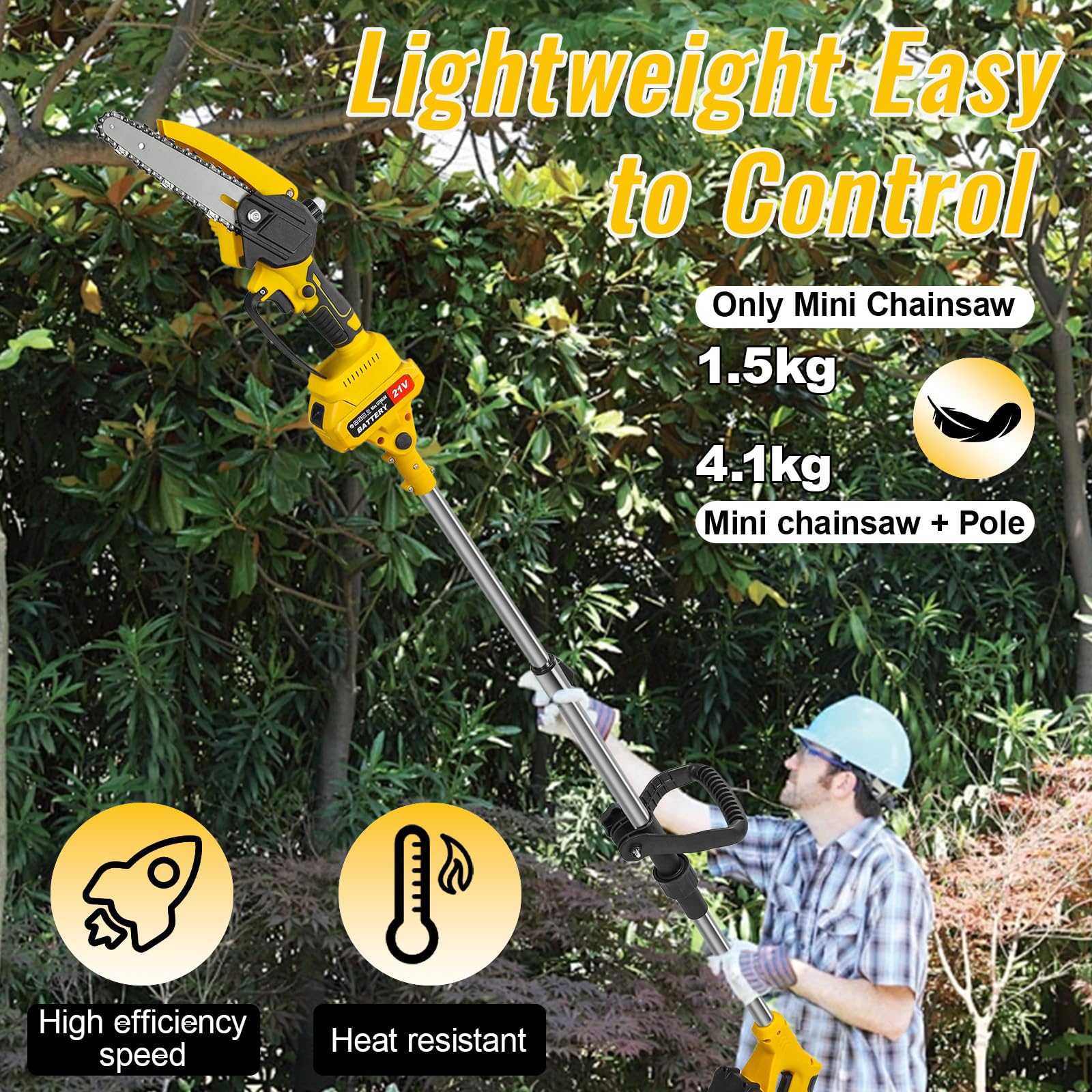 Élagueuse sur Perche sans Fil, Mini Tronçonneuse à Batterie 6 Pouces 3000 mAh avec Moteur Brushless, Perche Élagueuse Électrique 2 en 1, Extension jusqu'à 1.8 m, pour Branches et Jardin