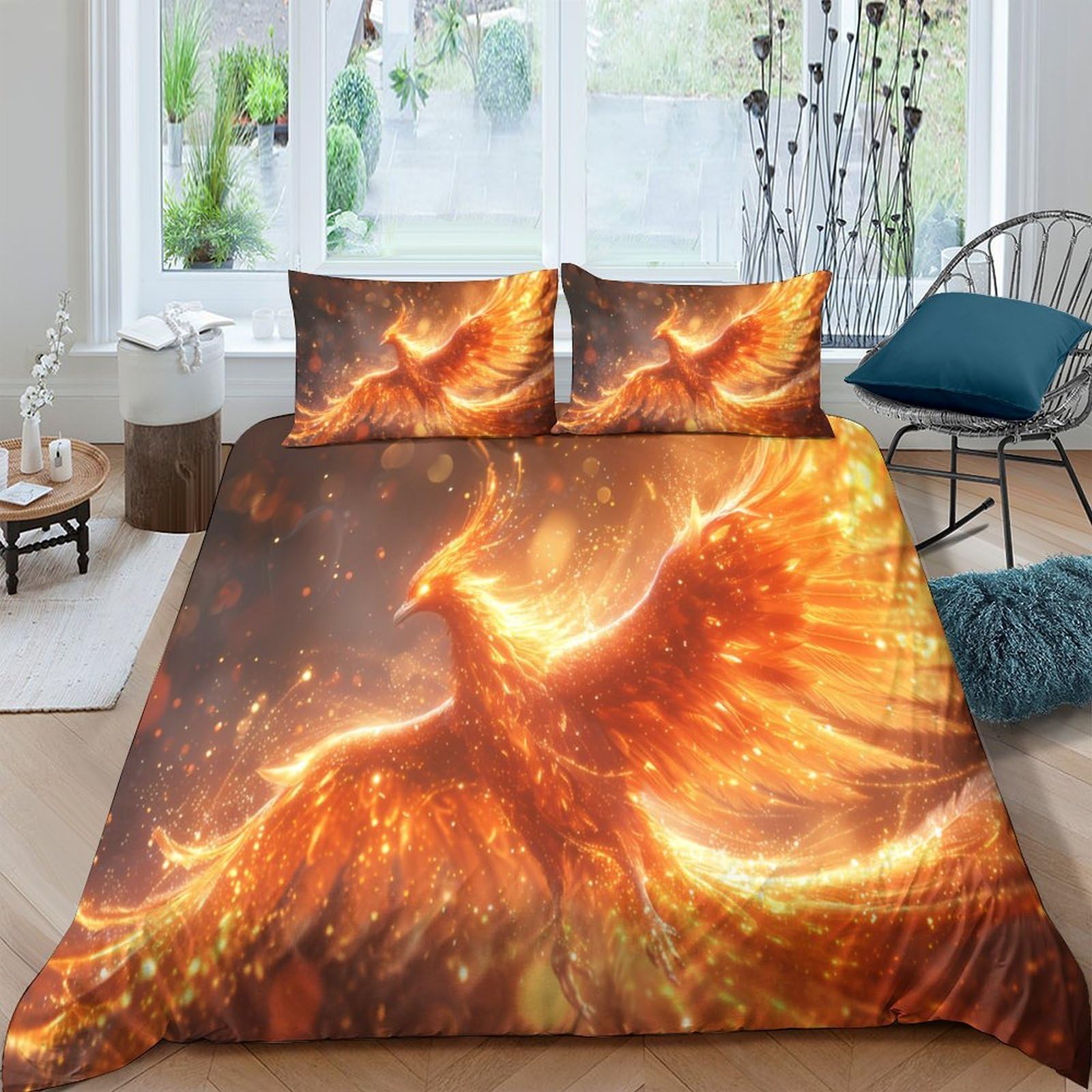 P5V6M1Q9 3D Printed Fire Phoenix Duvet Cover Microfiber Soft Orange Flame Bedding Set with 2 Pillowcases for Bedroom Decor Single（135x200cm）