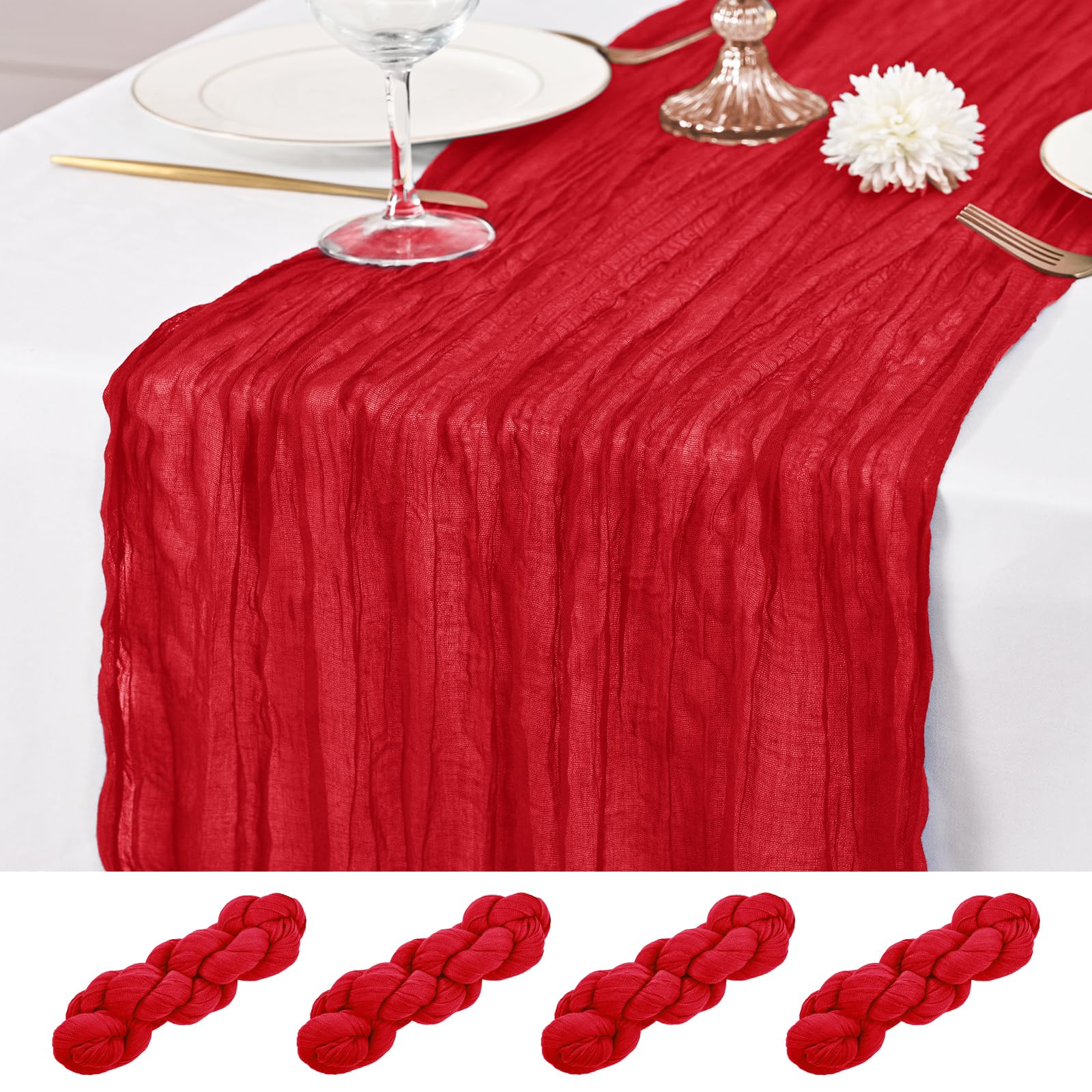 4 Pcs Red Cheesecloth Table Runner, 21x120 inch Red Table Runner Rustic Gauze Romantic Long Sheer Fabric 10Ft Cheese Cloth Table Runners for Wedding Party Bridal Baby Shower