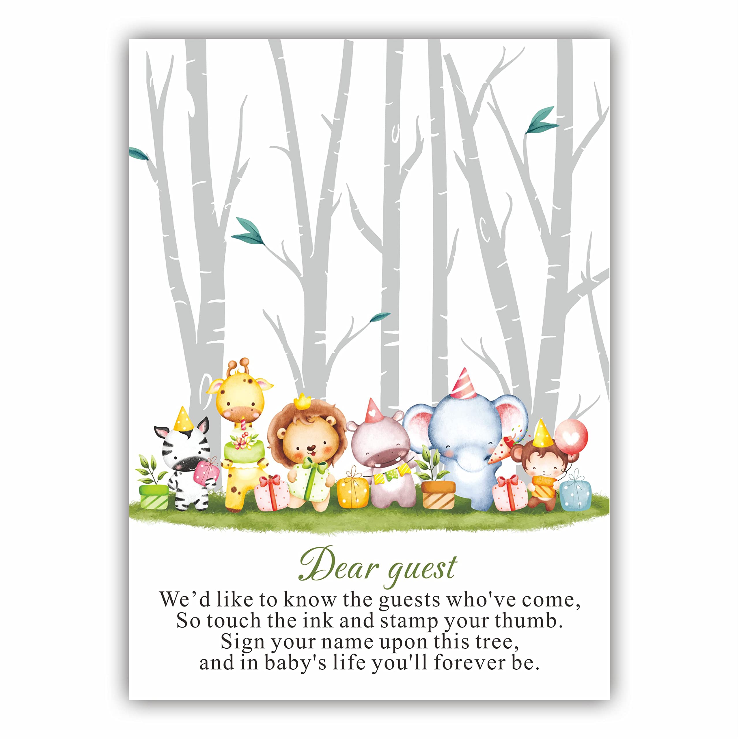 Thumbprint Guestbook Fingerprint Tree Game Sign, Woodland Animal, Greenery Signature Guest Book Baby Shower Birthday Keepsake, 1 Sign –LK-006