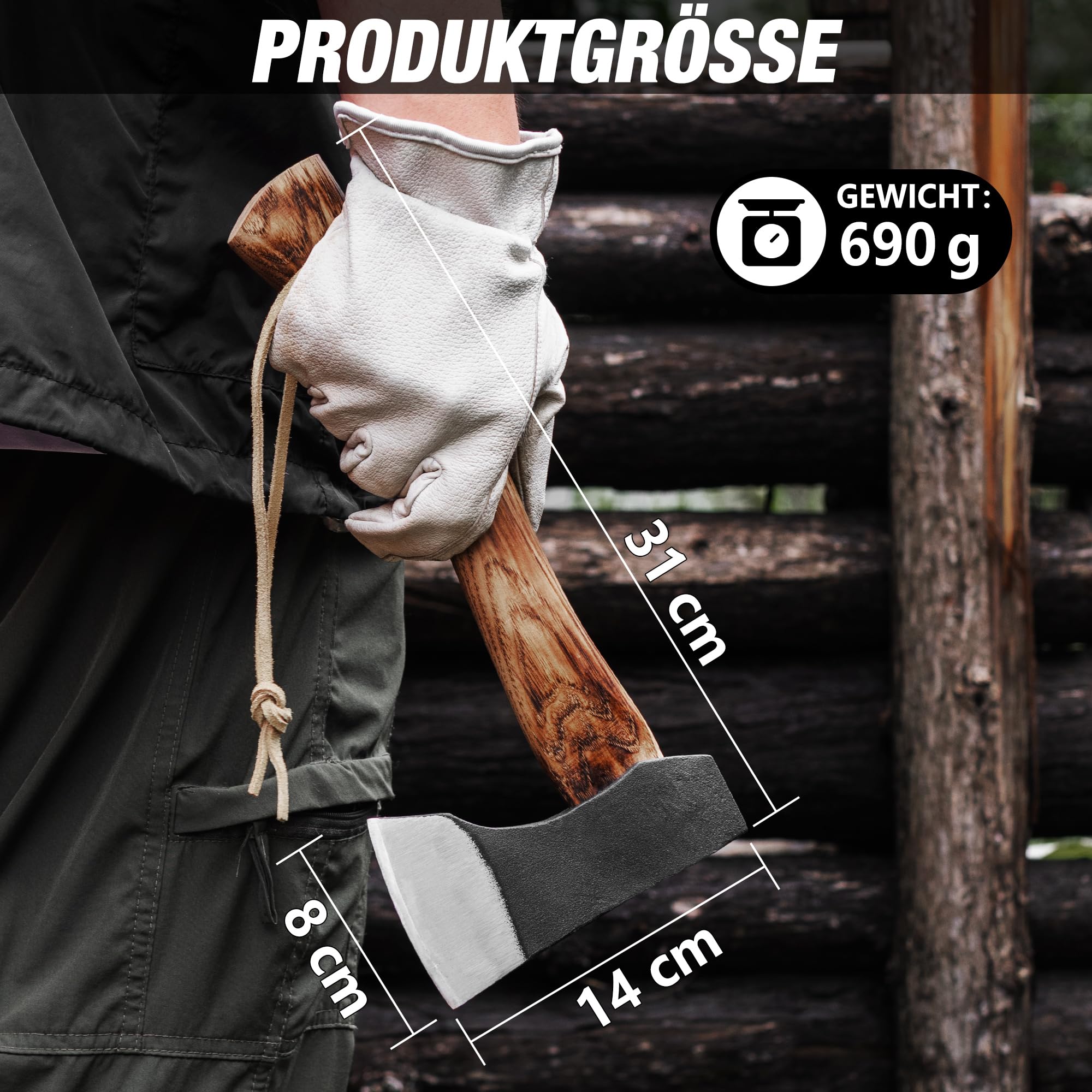 FLISSA Outdoor Axt mit Holzgriff und Lederscheide, 690 g Scharfes Kleine Axt 310mm Handbeil Holz Spalten für Camping, Garten und Wandern
