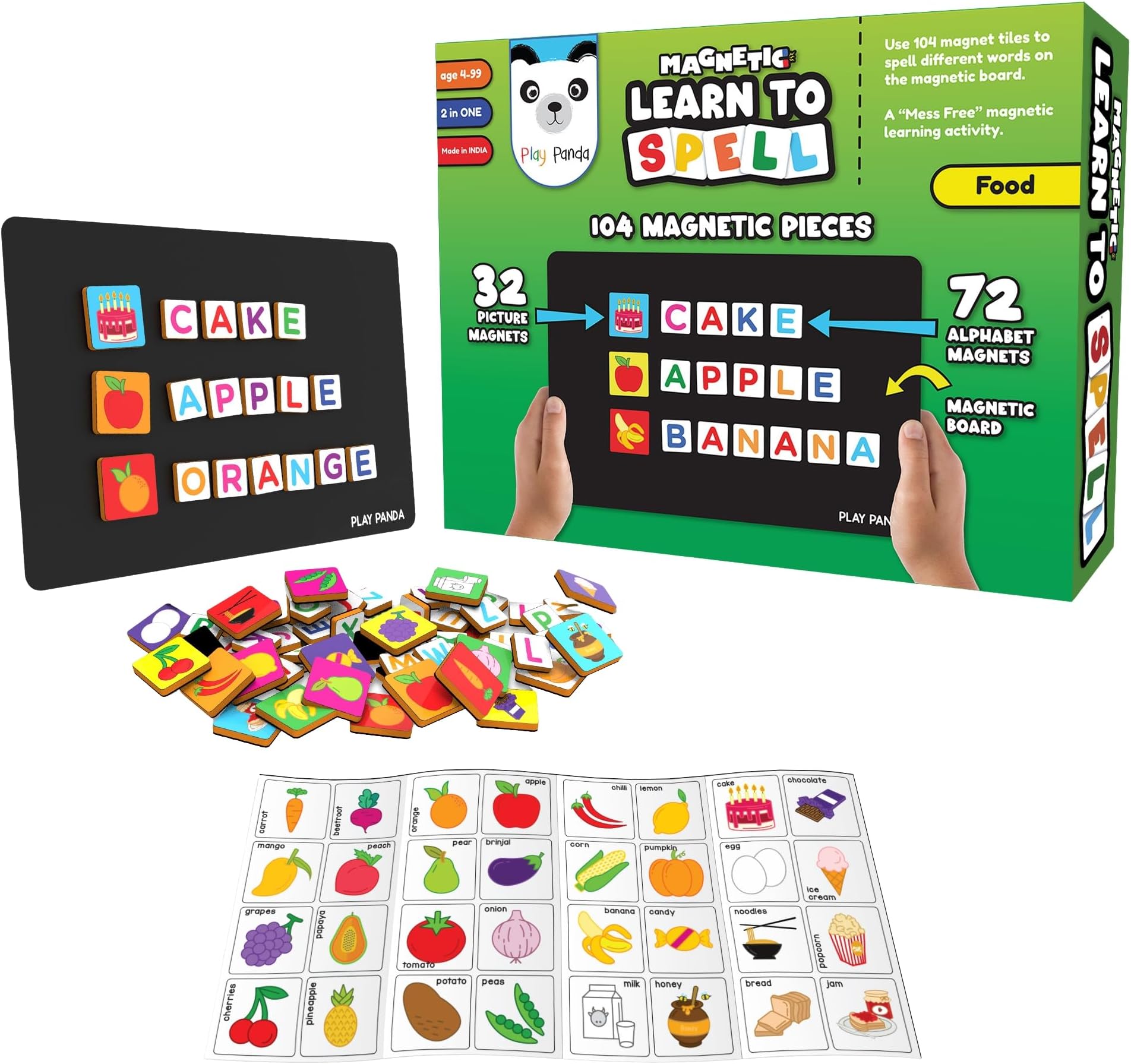 Magnetic Preschool Learning Toys for Toddlers Aged 3 4 5 6 Years Old Learn to Spell Objects|104 Magnet Pieces-32 Picture & 72 Letters with Magnet Board & Spelling Game Guide|Educational Toy for Kids