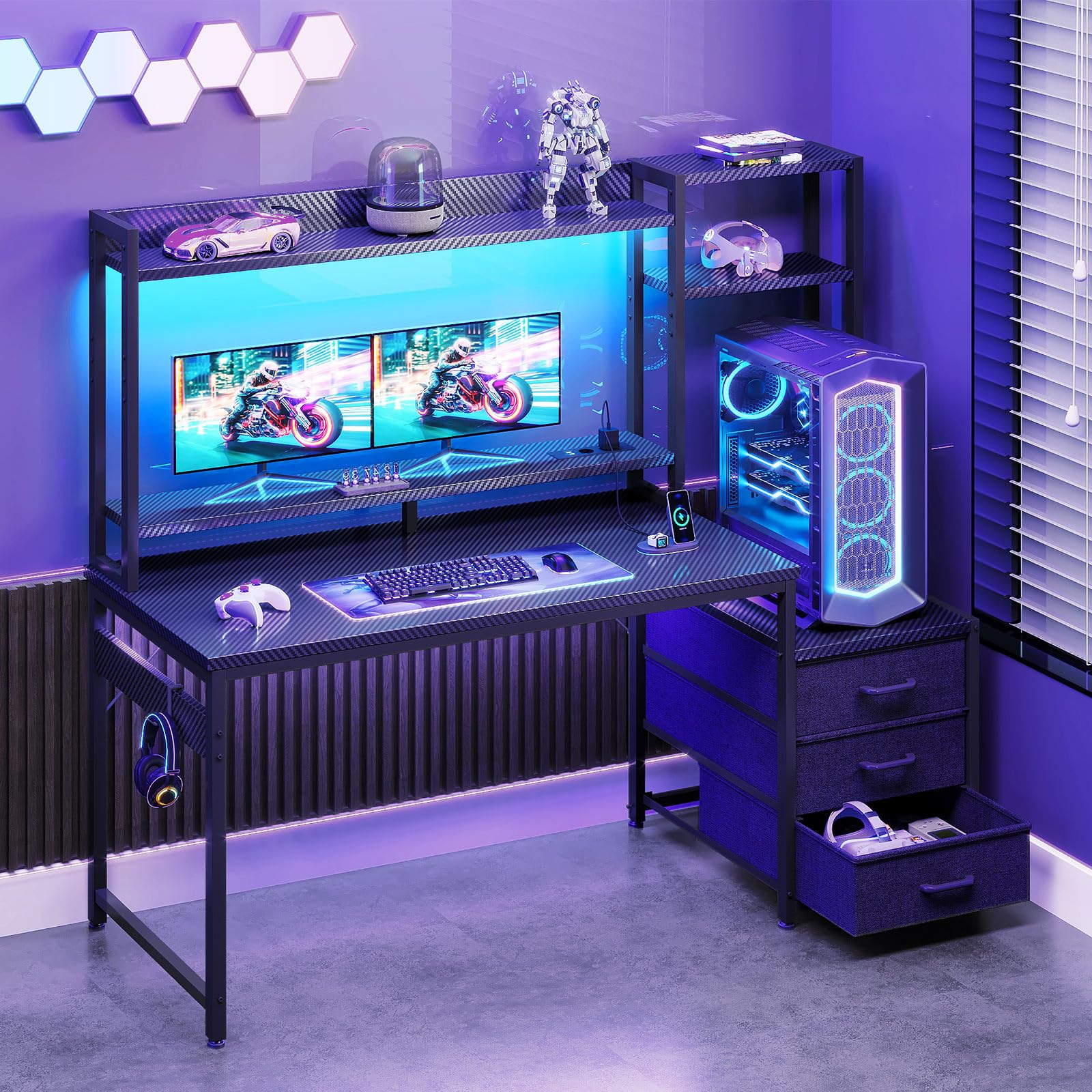 Coleshome Biurko Gamingowe ze Światłem RGB, 199.5 × 145.5cm Biurko Narożne z 7 S