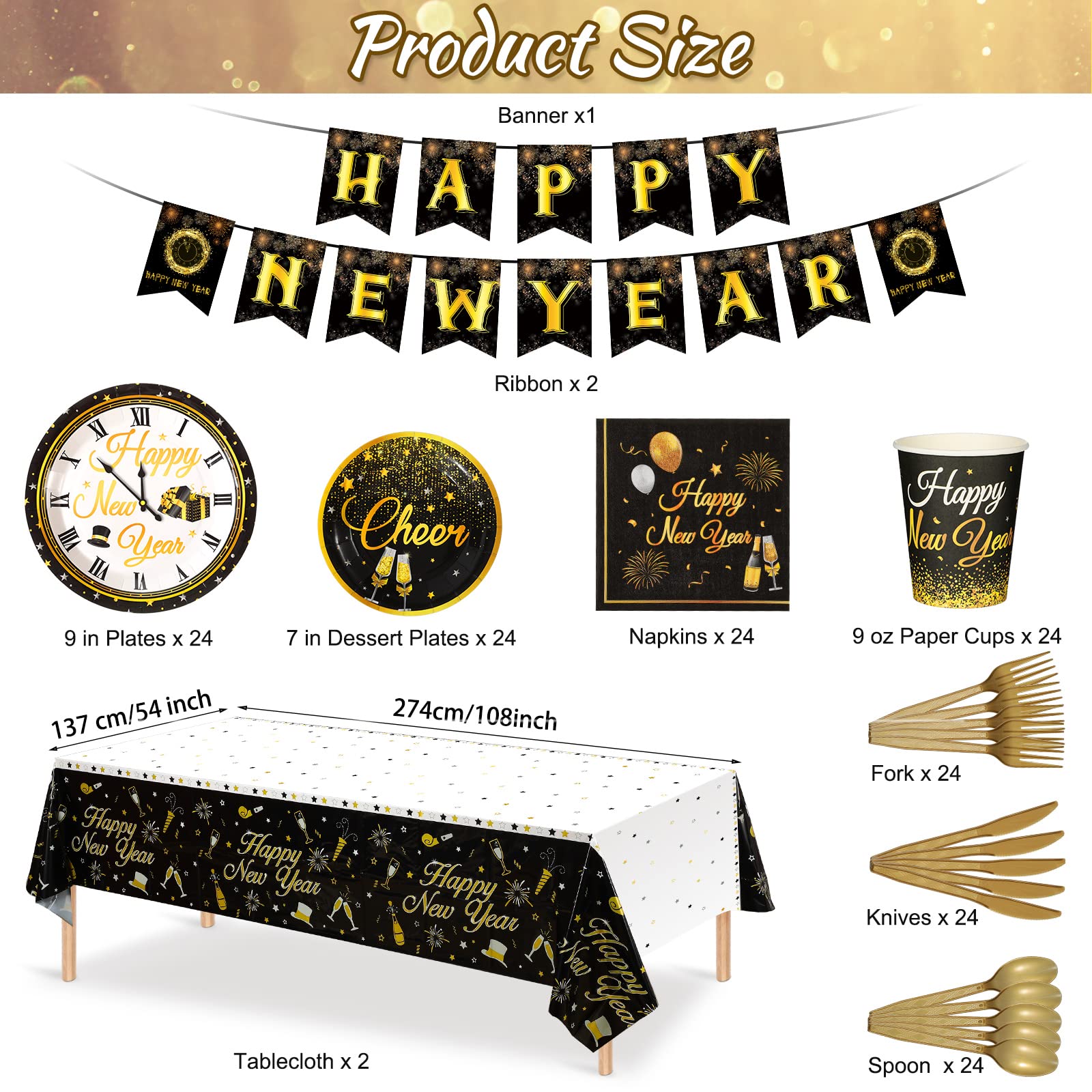 Happy New Year Eve Party Supplies 2025 Set – Mit Banner, Tischdecke, Tellern, Bechern, Servietten Für 24 Gäste