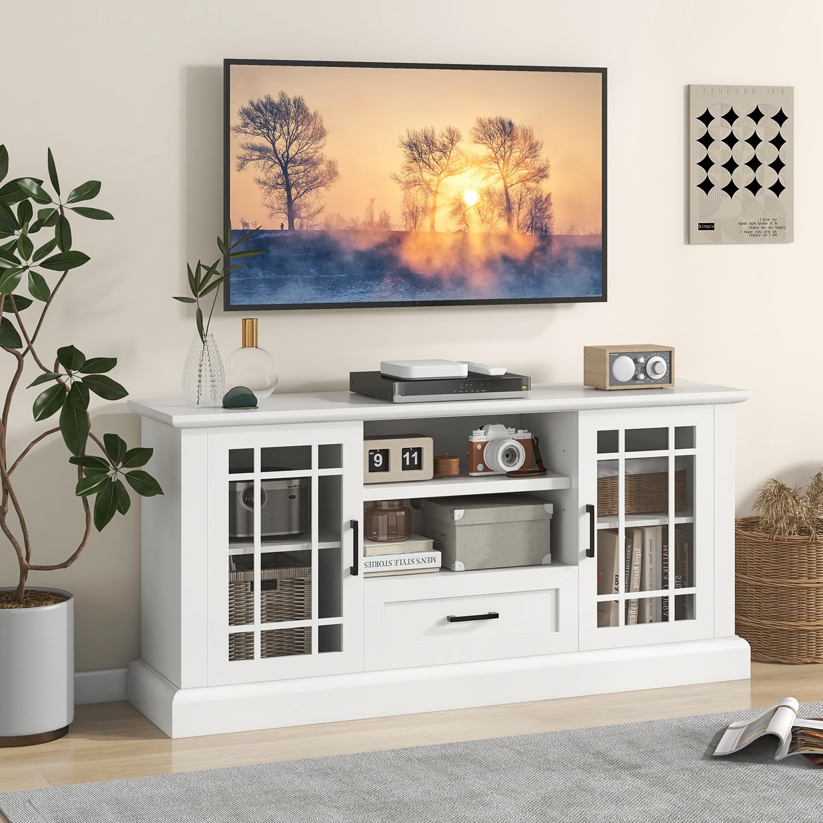 Tangkula Farmhouse TV Stand for TV up to 70 Inch, Tall Media Console Table with 2 Glass Doors, Entertainment Center with Cubbies & Drawer, Storage Cabinet or Sideboard Buffet for Living Room (White)