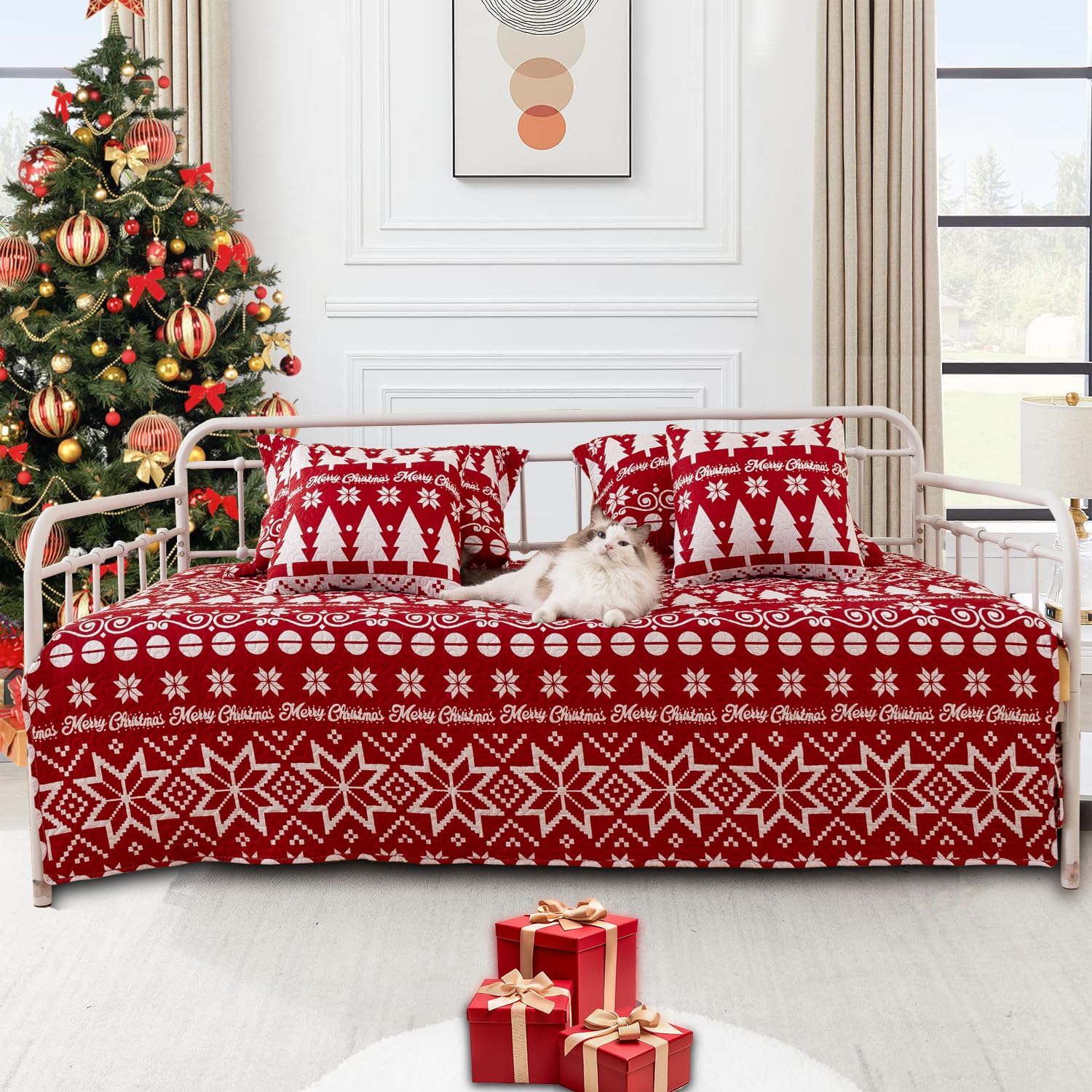 5-Piece Christmas Daybed Cover Set Twin Cozy Xmas Tree Snowflake Bedding Sets New Year Soft Bedspread Daybed Comforter Bedspread,Santa Day Bed Cover for Twin Bed with 4 Pillow Shams,39"x75"(Red Gray)