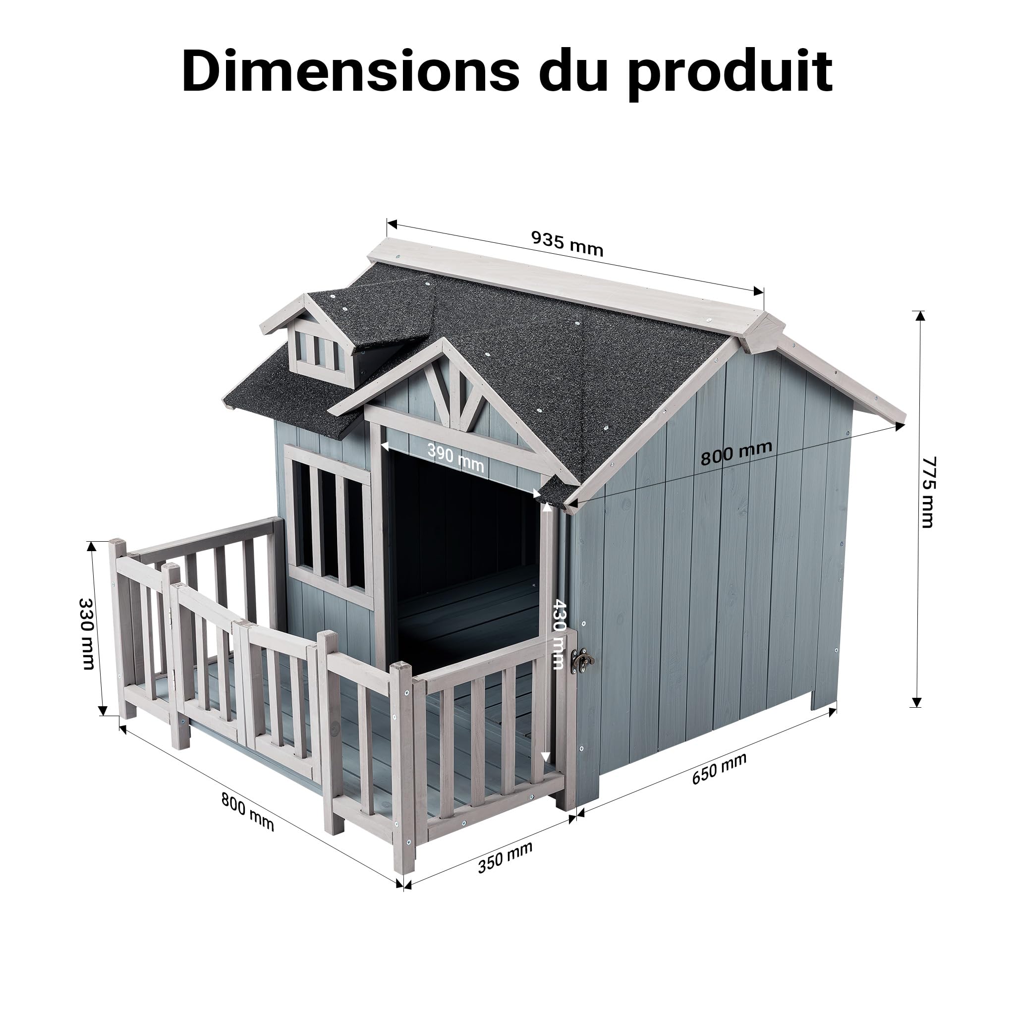 Wiltec Niche de Chien Maison de Luxe XL – Couleur Grise – 935 x 1050 x 775 mm – en Bois de Sapin – avec Toit bitumé et véranda – pour Balcon Jardin Terrasse