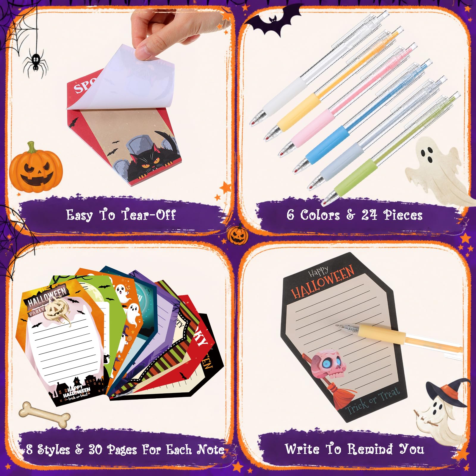 Honoson 48 foglietti adesivi per Halloween e penne autoadesive, set regalo per ufficio, zucca, fantasma, gatto, divertente, strano, spettrale, per adulti, colleghi, forniture per ufficio, 8 stili