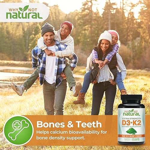 Miniatura 6 de Why Not Natural Vitamina D3 K2 (MK-7) con espirulina orgánica, suplemento extra fuerte de 10000 UI en cápsulas vegetales, apoya la salud ósea, el
