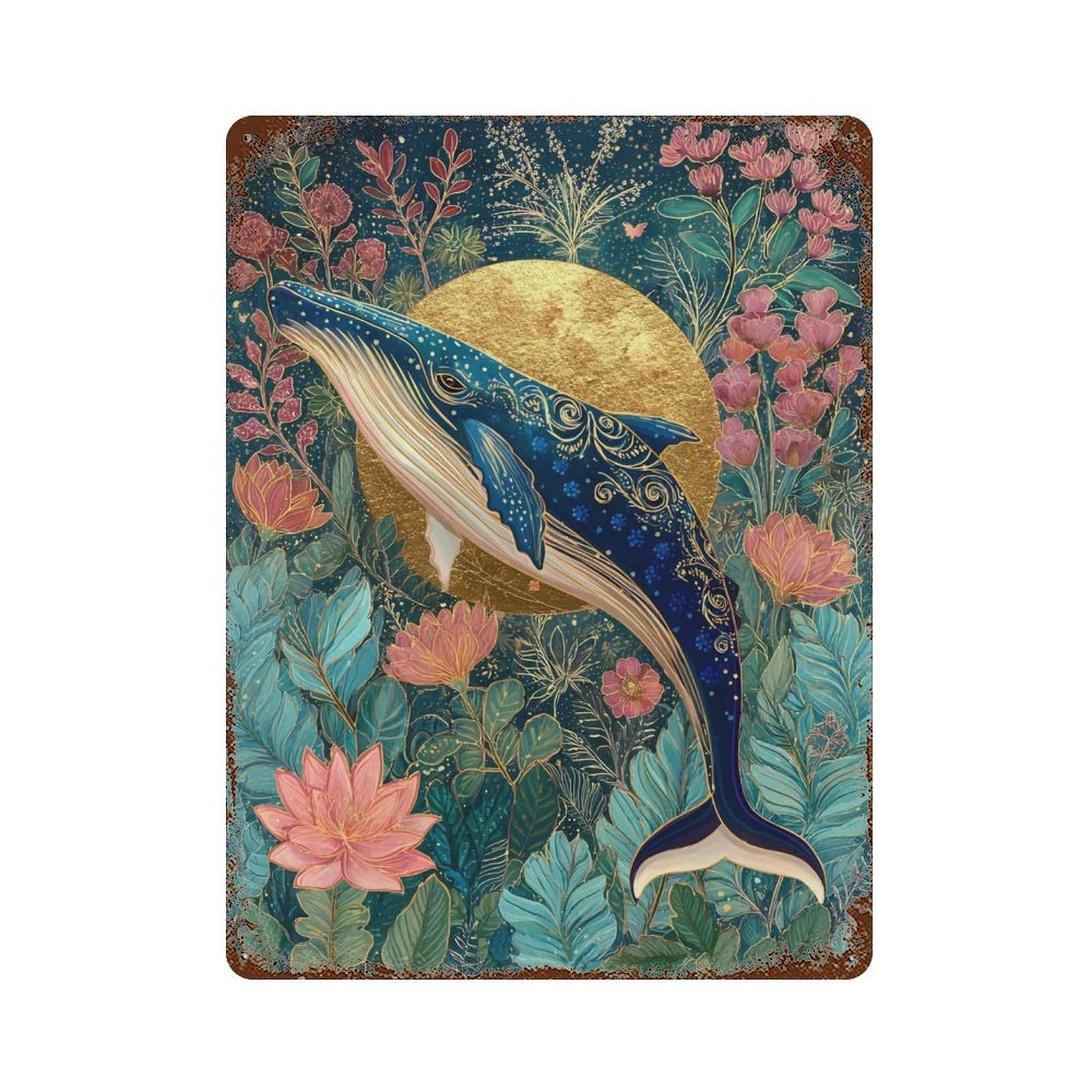 Garage Style Whale Moon Garden Art Print Distressed Metal Wall Sign 15.7"x11.8", Classic Wall Plaque for Bar And Workshop