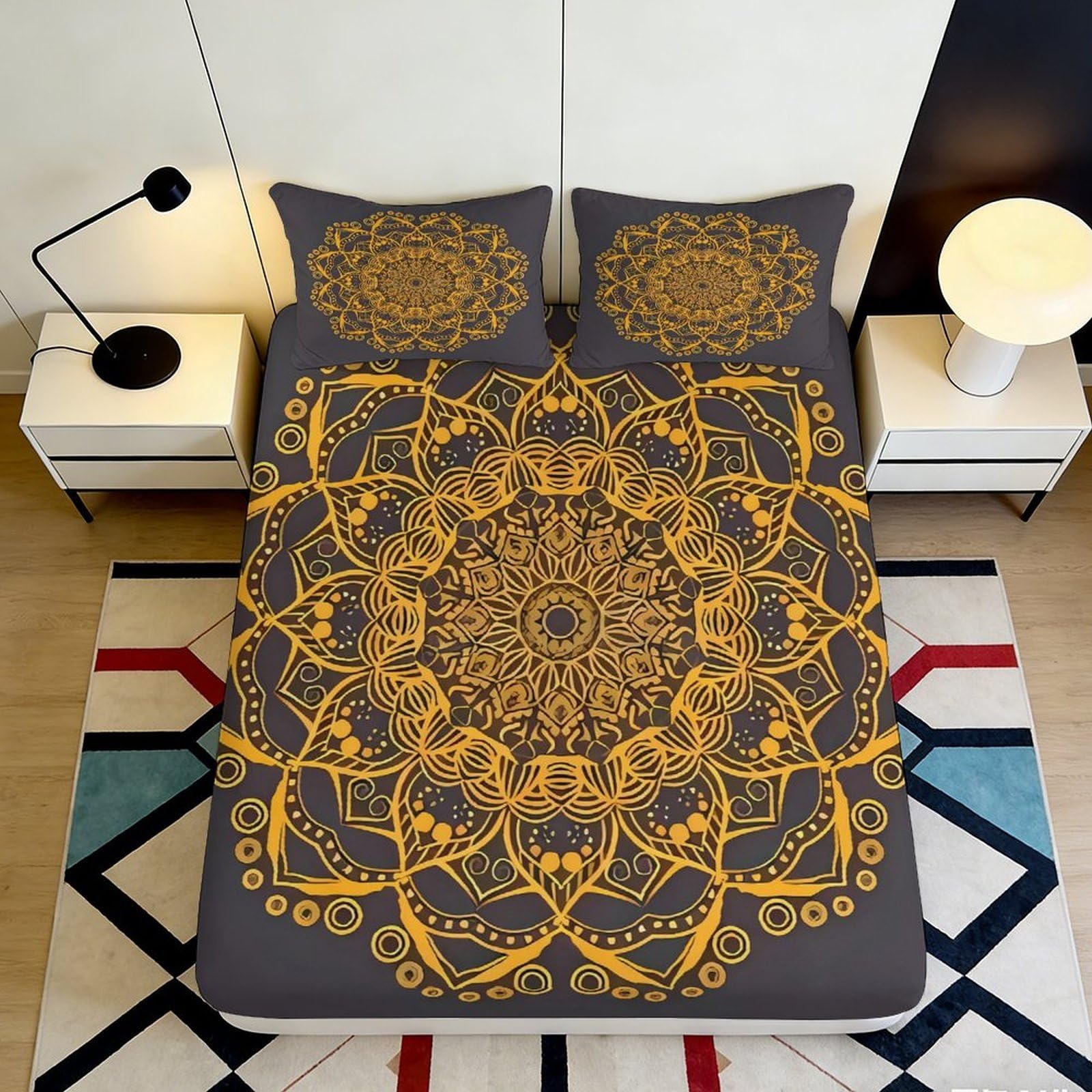 3D Printed Golden Mandala Fitted Sheet Microfiber Soft Breathable Boho Floral Bed Cover for Bedroom Guestroom Mattress Protection 90x200x25cm