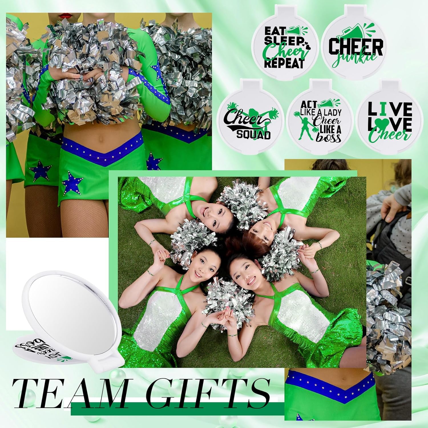 Wenqik 50 Pcs Cheerleader Mirror Gifts Bulk Cheerleading Compact Mirror Cheer Party Favors Folding Pocket Portable Makeup Mirrors for Football Rugby Game Team Friendship Gift(Green Cheer)