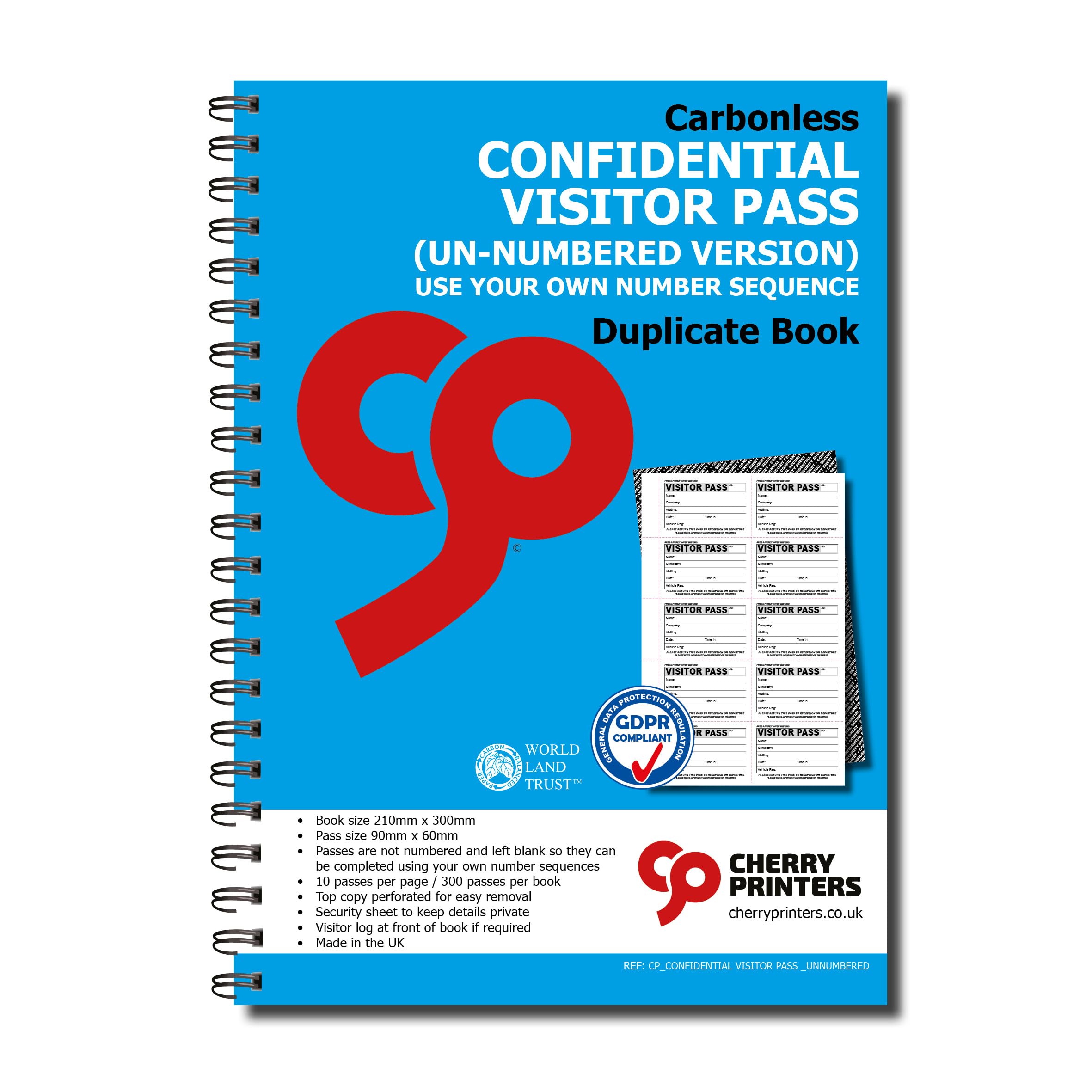 Cherry Printers Confidential Visitor Pass Book Unnumbered | 300 (90mm x 60mm) Carbonless Visitor Passes | Duplicate NCR Visitor Badge Book | Security Sheet Visitor Log Record Page | Wirobound A4