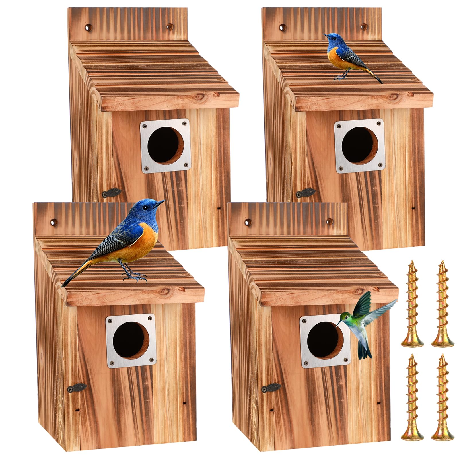 4-Piece Outdoor Bird House Set, Bird Houses for Outside with Metal Guards, Safety Locks, Flight Slots, & Ventilation, Bluebird Houses with 1-1/2"