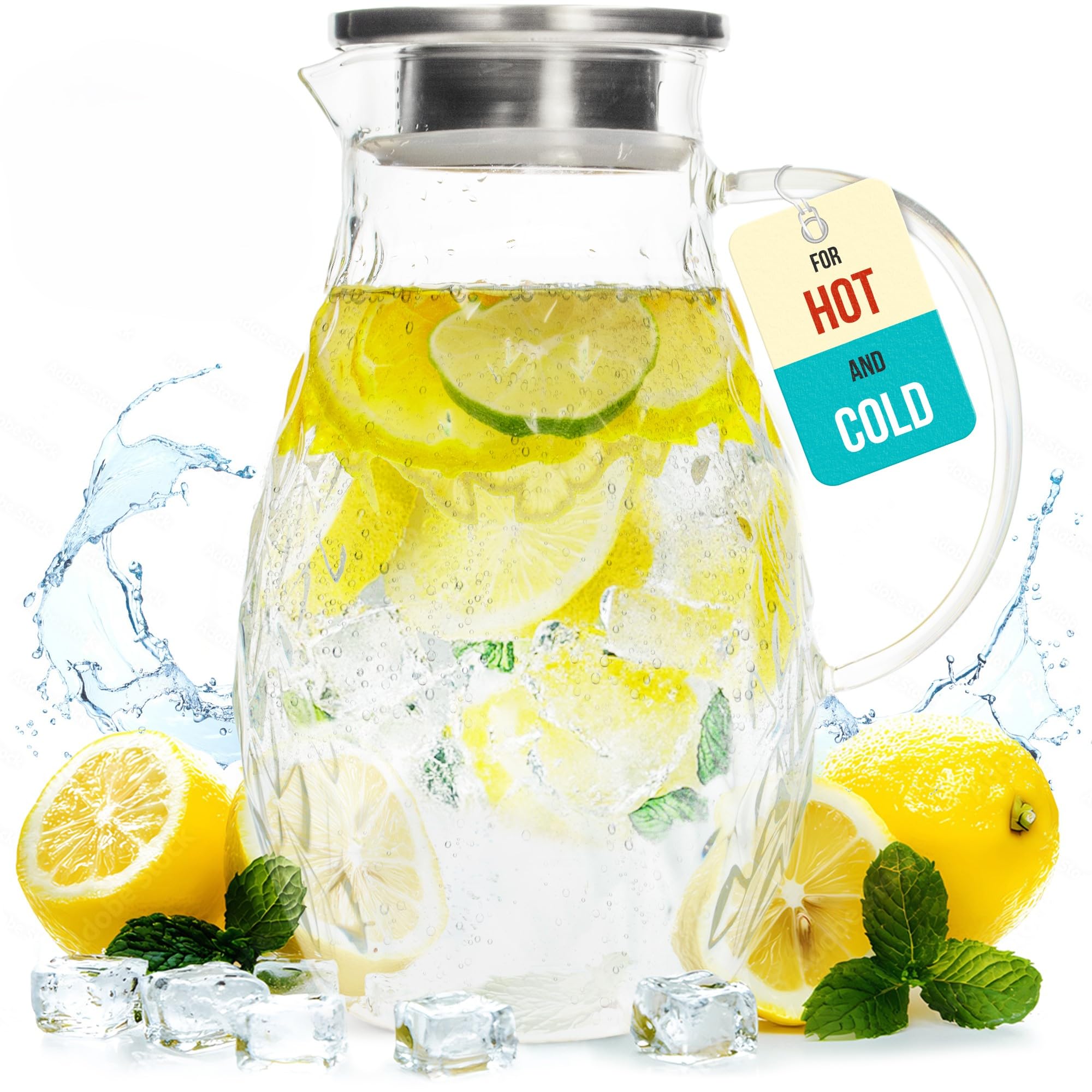 Glass Pitcher with Lid and Spout - 2 Liter / 68 oz, Borosilicate Glass w/Handle - Carafe for Hot/Cold Beverages - Water Jug - Iced Tea Pitcher - Juice Server - by PJC-Kitchen