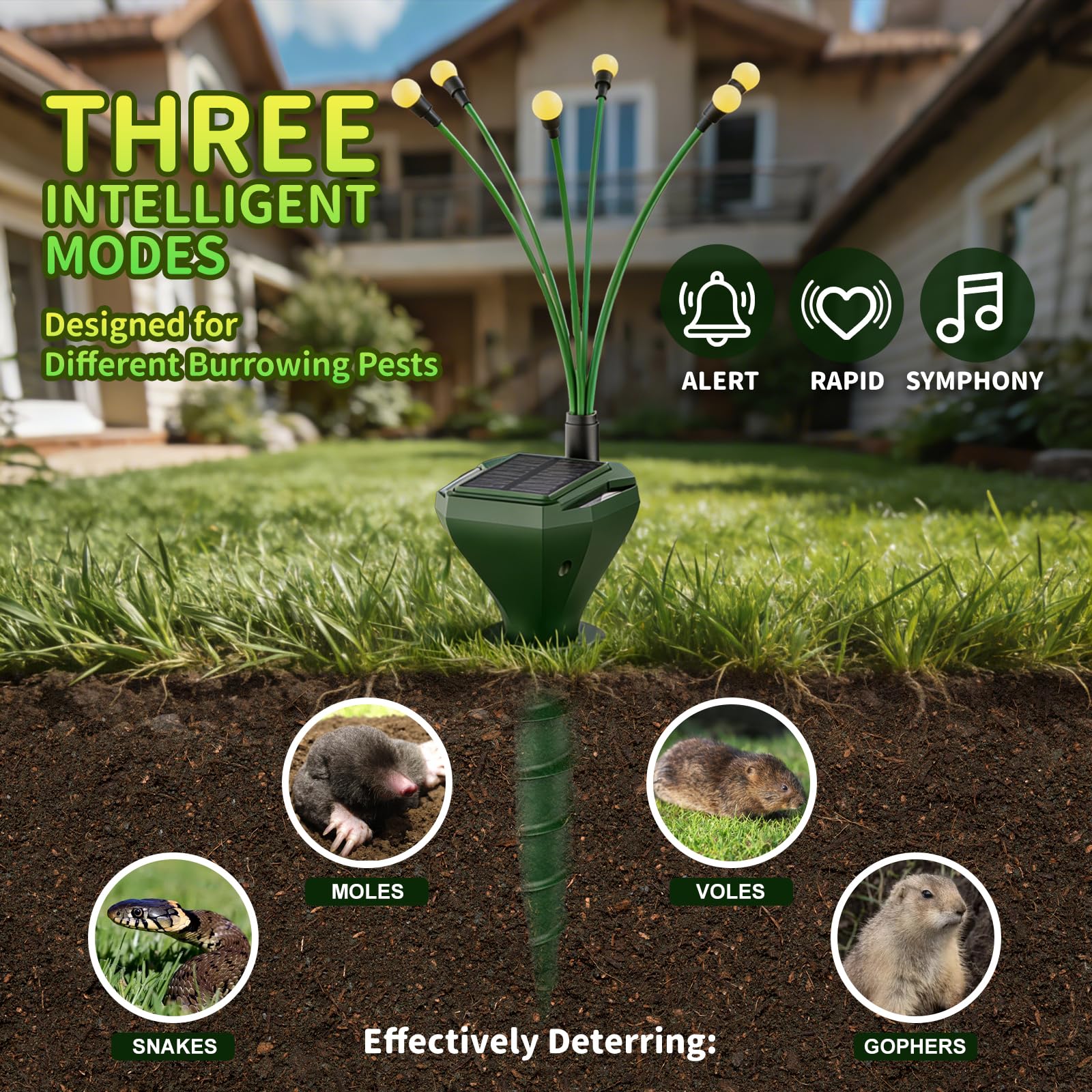 Confezione da 4 pali repellenti per talpe a energia solare per prato, deterrente Gopher con luci a LED Firefly, impermeabili, per esterni, per arvicole, marmotte, serpenti, soluzione sicura per
