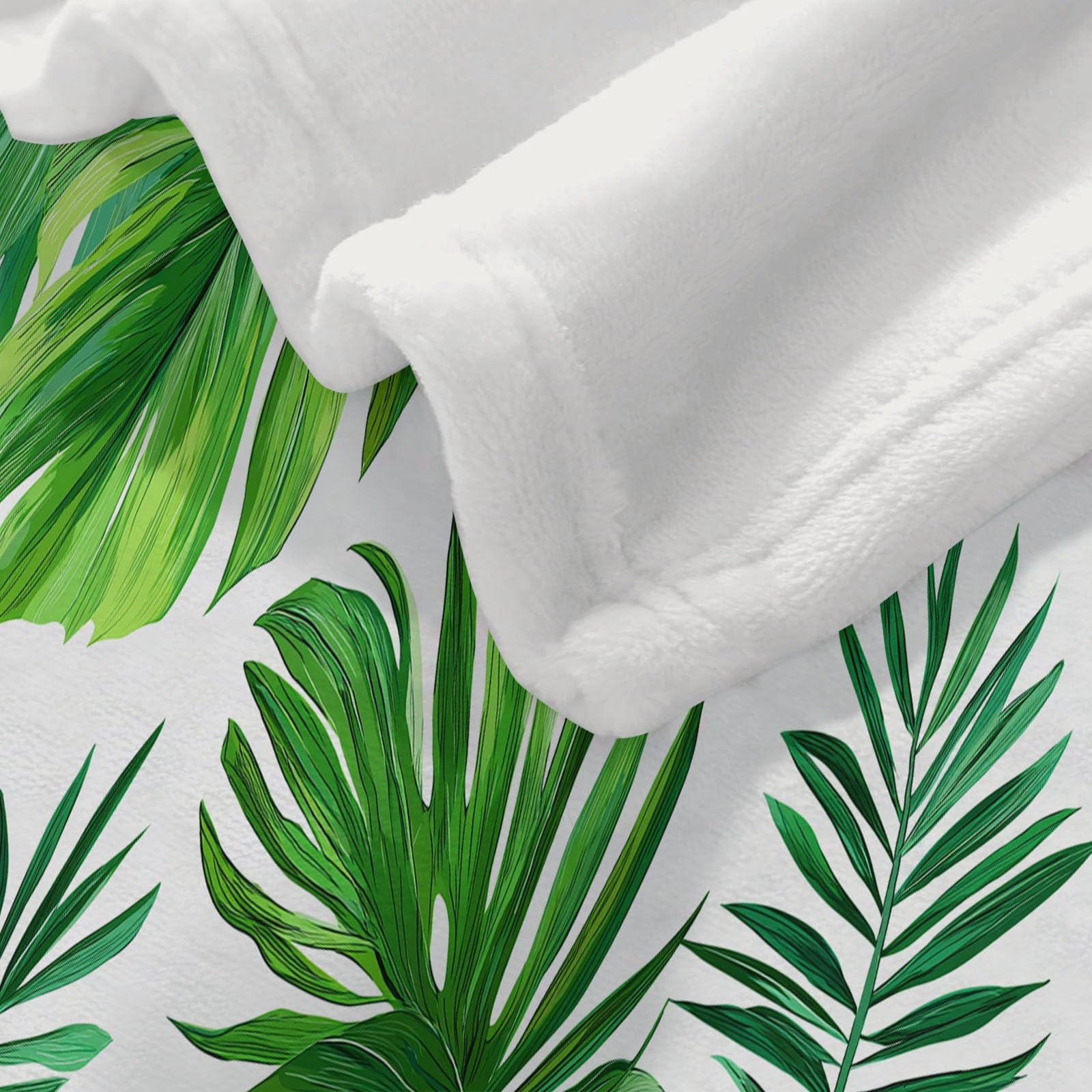 Coperta Plaid Pile in Flanella 180x220 cm Coperta Pile Piccola Tema Tropicale Verde Foglie, Morbida Soffice Calda Coperte per Divano Singolo Matrimoniale Letto Bianco