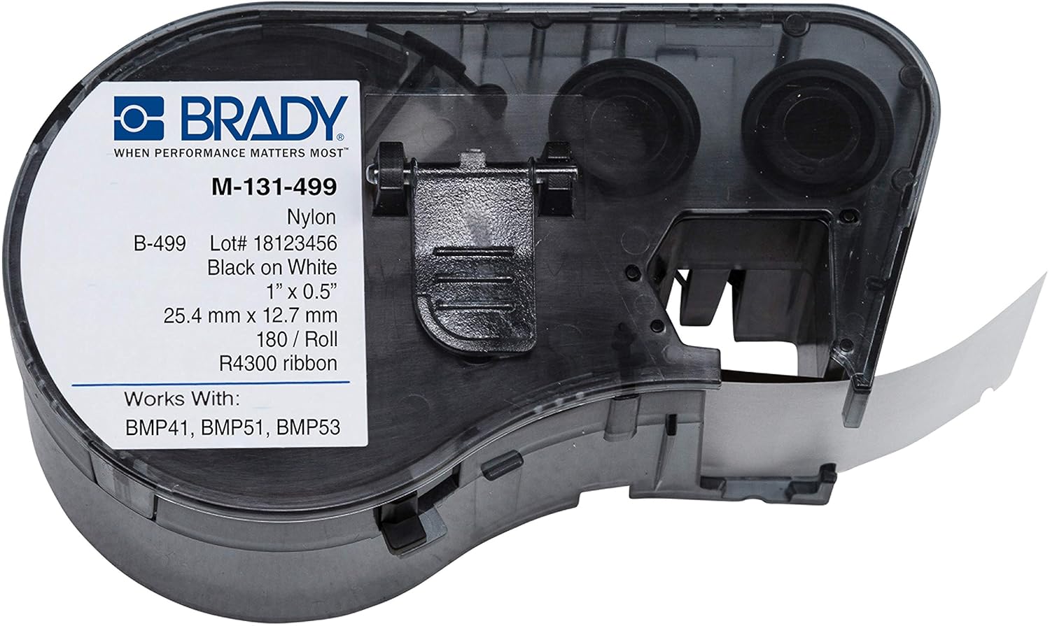Brady M-131-499 Nylon Cloth B-499 Black on White Label Maker Cartridge, 1/2" Width x 1" Height, For BMP51/BMP53 Printers