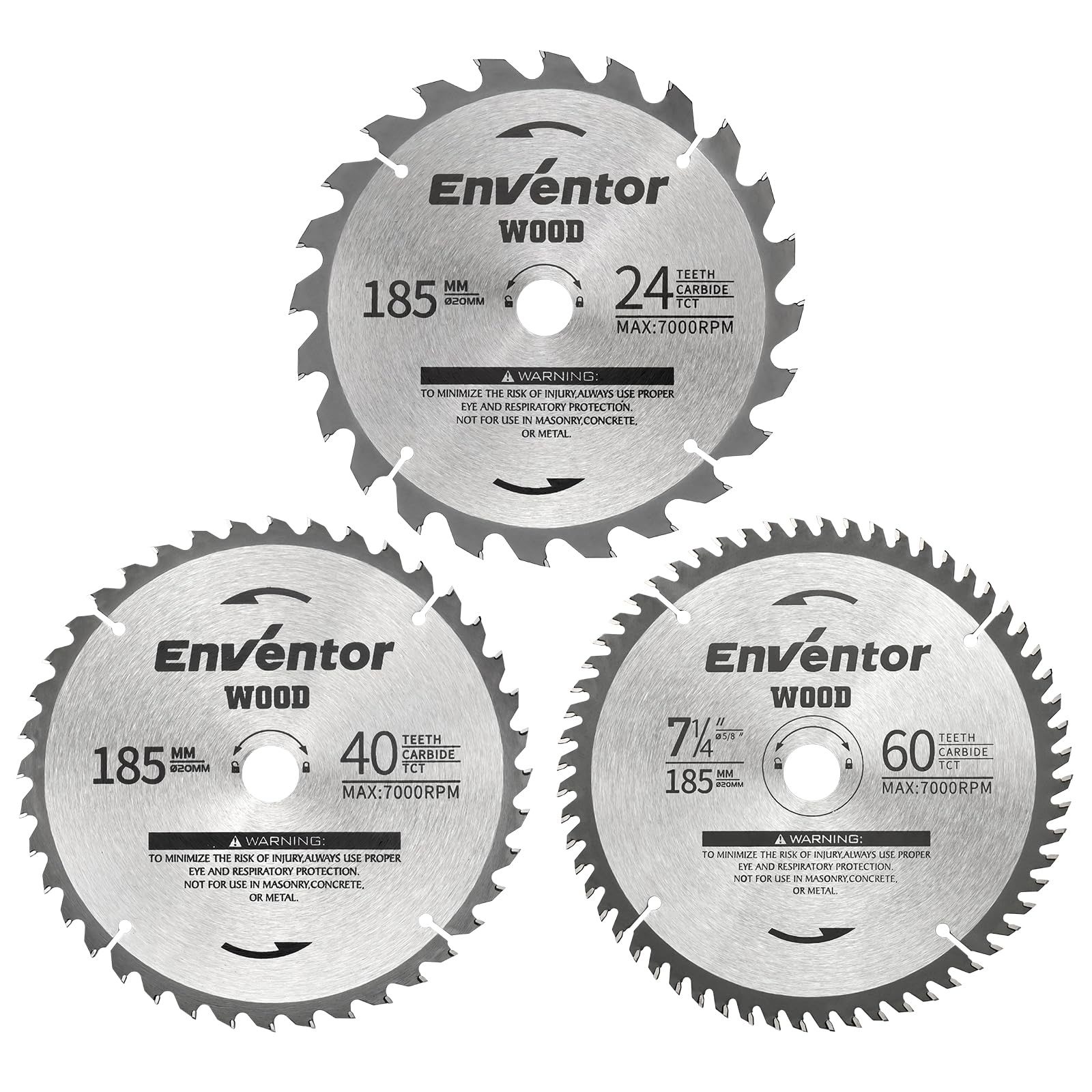 Enventor 3PCS Hoja de Sierra Circular 24T/40T/60T, 185mm x 20mm, Punta de Carburo de Tungsteno, Hoja de Sierra Circular de Mano para Madera, Compatible con Enventor Sierras Circulares